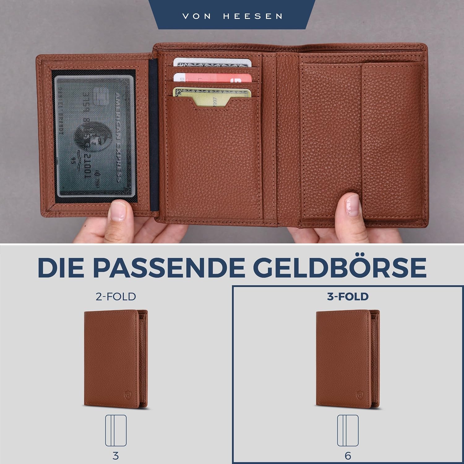 Detalle de VON HEESEN Leder Geldbörse RFID-Schutz – Echtleder Brieftasche Cognac-Braun