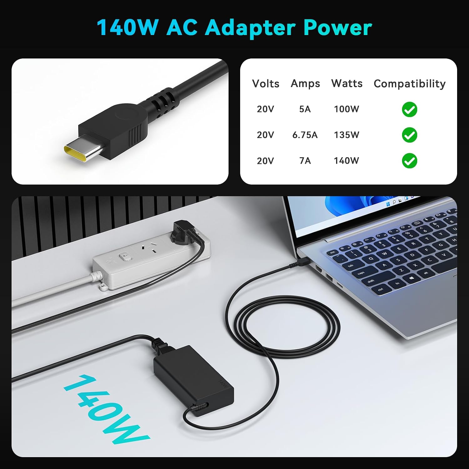 Detalle de 140W USB-C Laptop Netzteil für Lenovo ThinkPad, Yoga, Legion und mehr – zuverlässiges Ladegerät für Vielnutzer