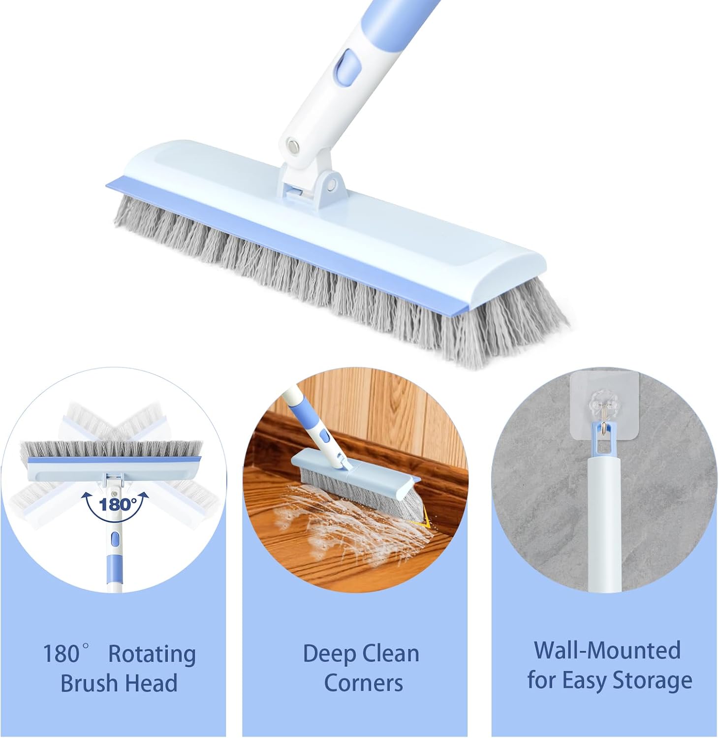 Detalle de XXFLOWER 2 In 1 Floor Scrub Brush with Squeegee Edge – 180° Adjustable Handle for Tile, Bathroom, Patio