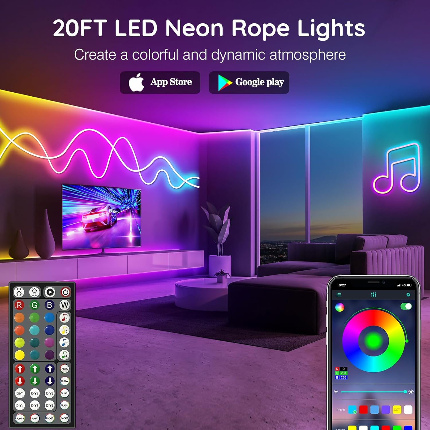 Detalle de LETIANPAI 6m Neon LED Strip – Flexible RGB Neon-Lichtleiste mit App & Fernbedienung, IP65 wasserdicht