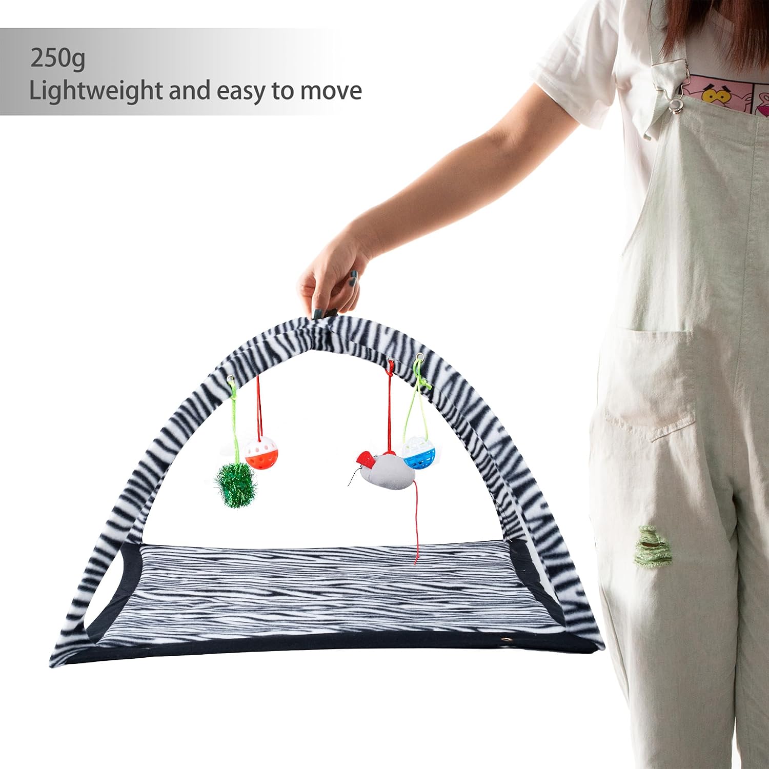 Detalle de Tofern Multi-Function Pet Kitten Cat Interactive Activity Toy Mat (Zebra) – Folding fleece bed, hammock and hanging mouse