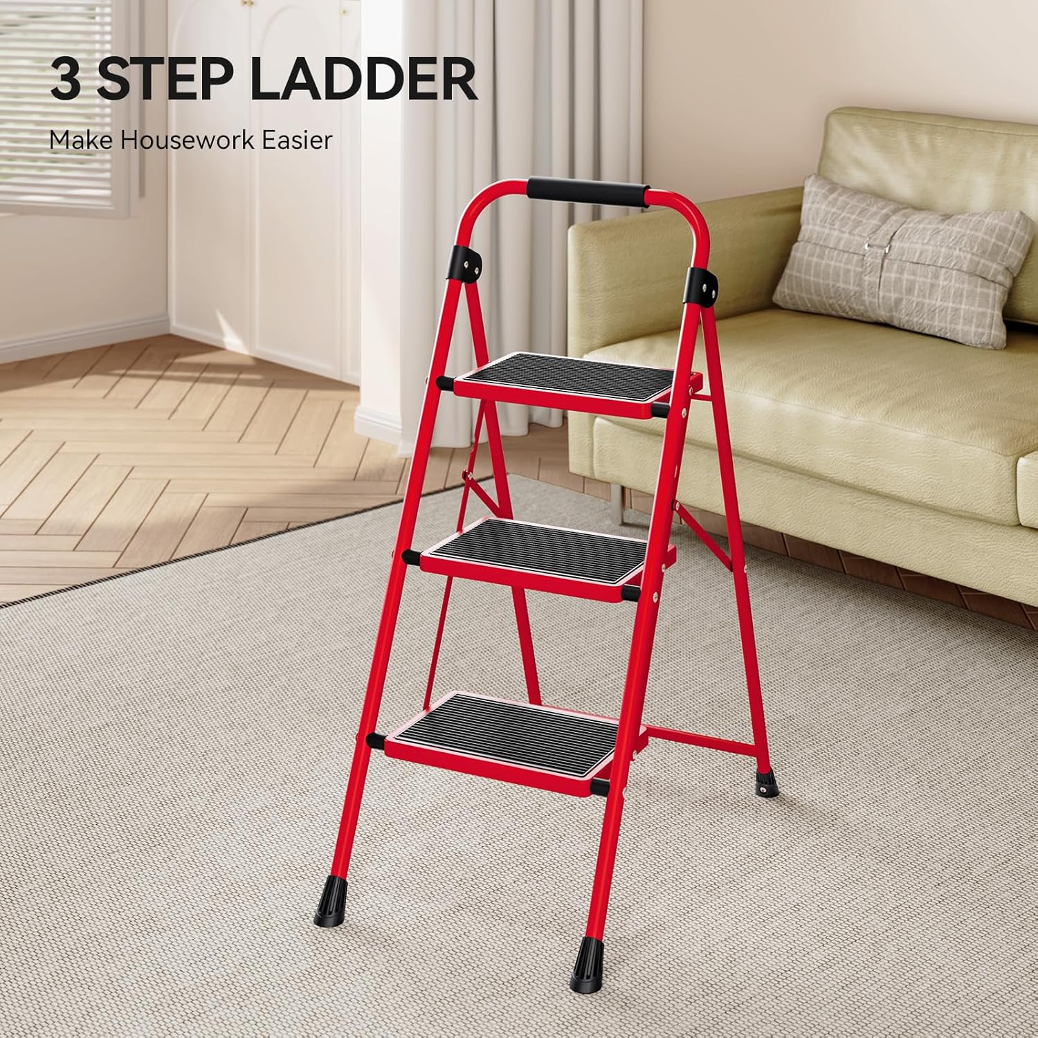 Thumbnail 2 de KINGRACK Folding 3-Step Ladder with Non-Slip Pedals