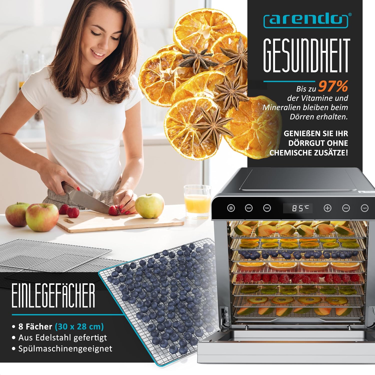 Detalle de arendo Dörrautomat aus Edelstahl mit 8 Einlegetabletts (700 W), 35–85 °C – Dörrgerät für Obst, Fleisch, Pilze