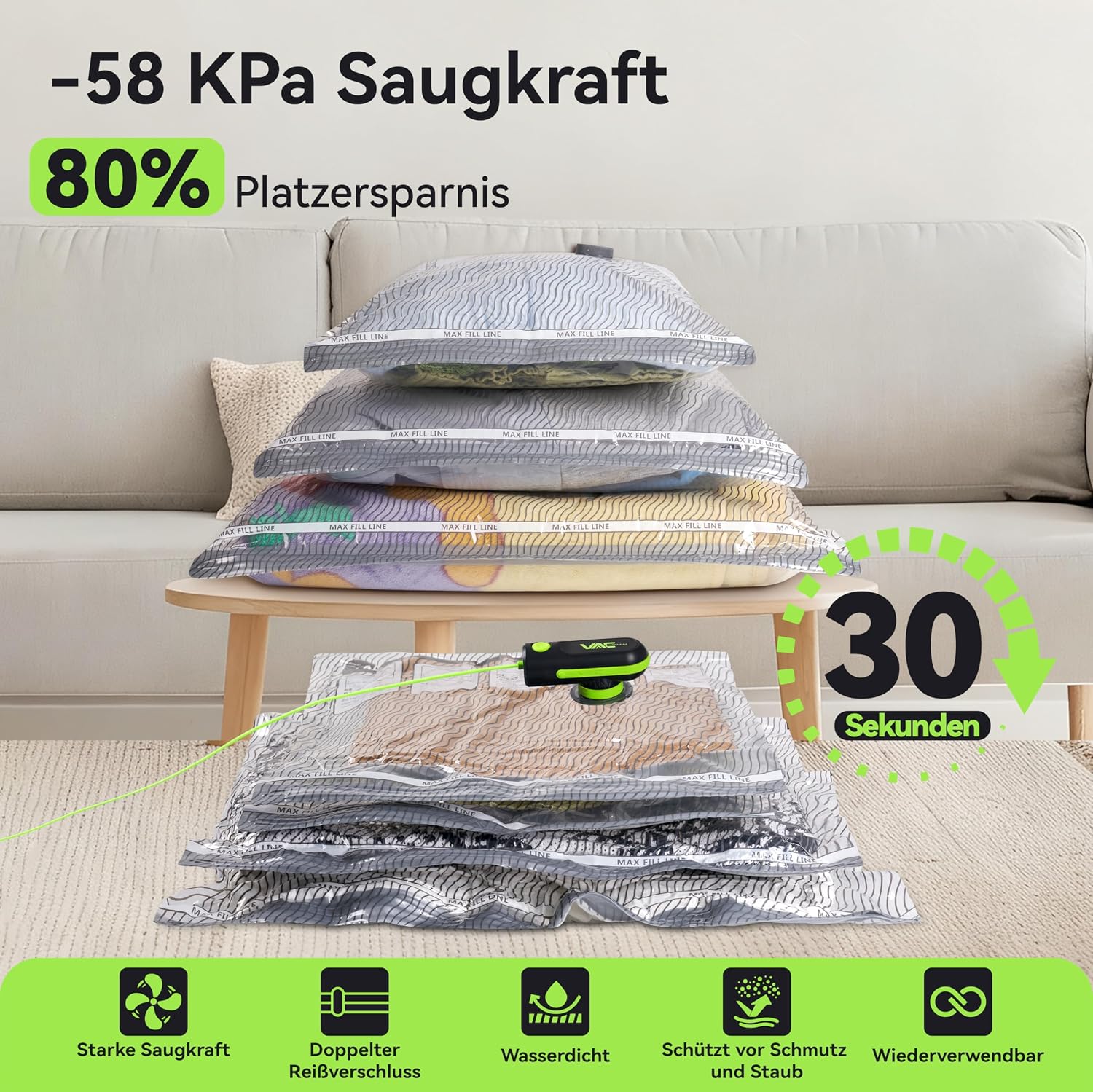 Detalle de VACKFOX Vakuumbeutel mit elektrischer Pumpe – USB Type-C, 15er-Set, grün