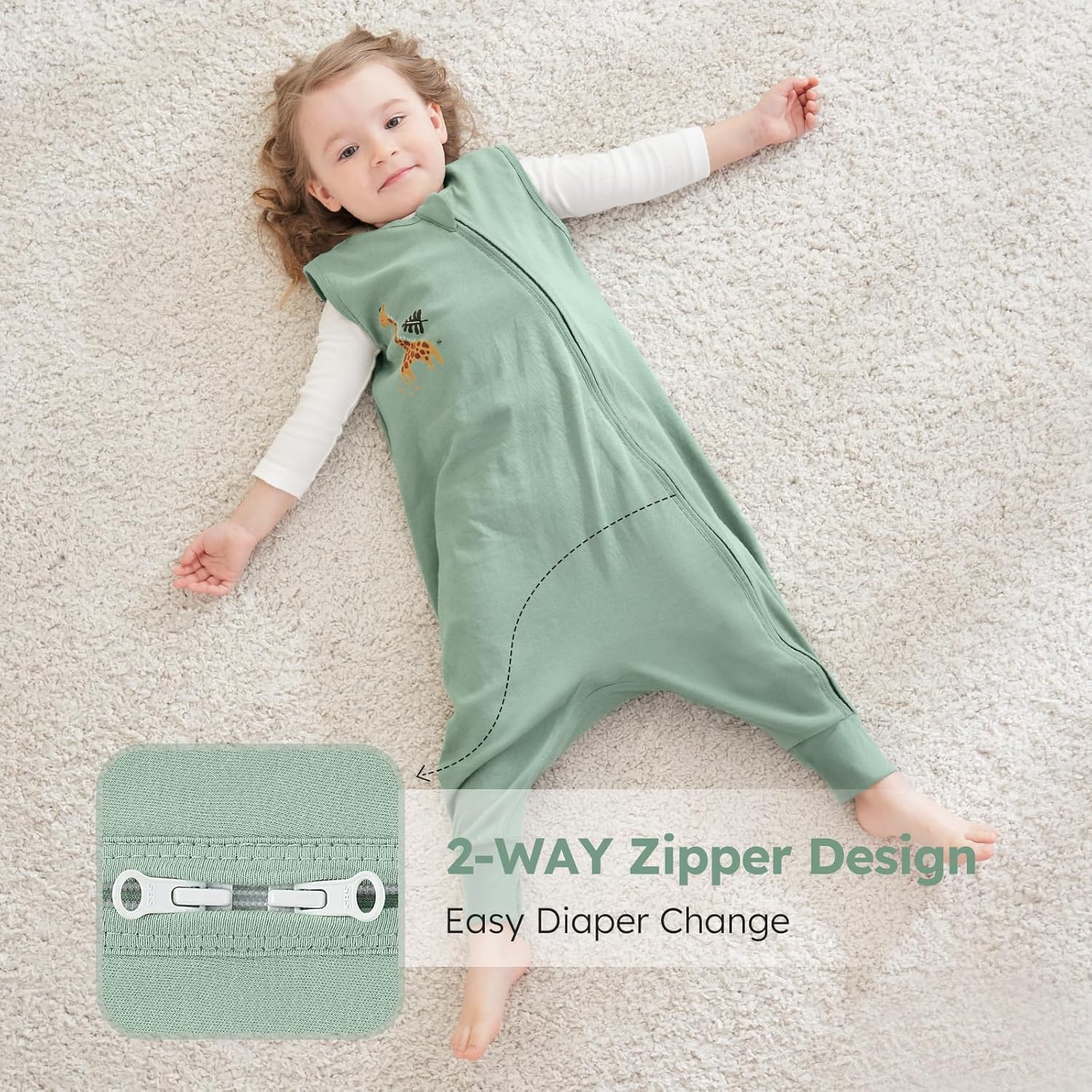 Detalle 2 de Yoofoss 2er Pack Baby Schlafsack mit Füßen 0.5 Tog – 100% Baumwolle, 80 cm, Grün Giraffe