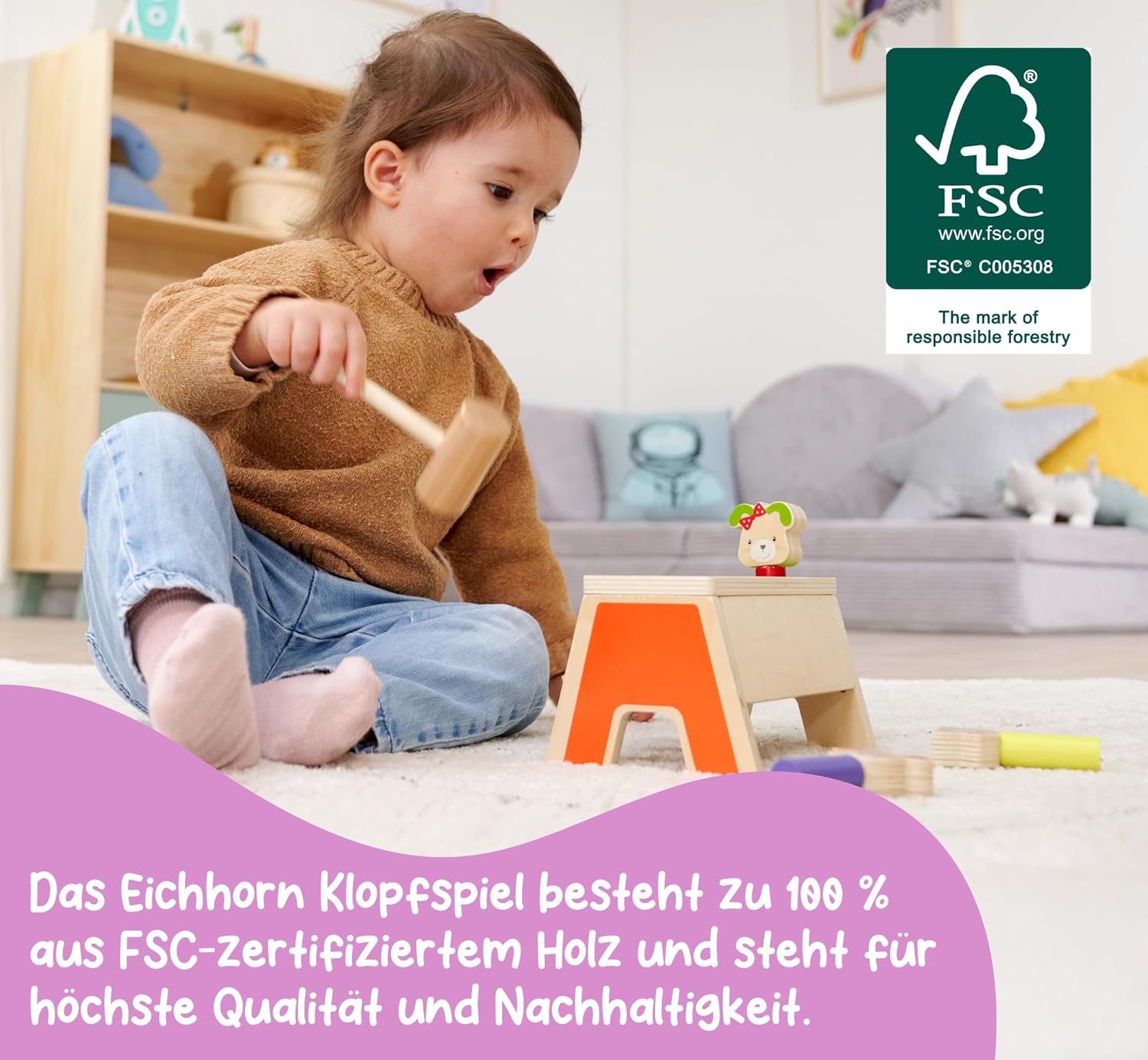 Thumbnail 4 de Eichhorn Pop Up Klopfspiel Friends – 3 bunte Spielflächen, Holzhammer, FSC Birkenholz, ab 1 Jahr, 13×19 cm
