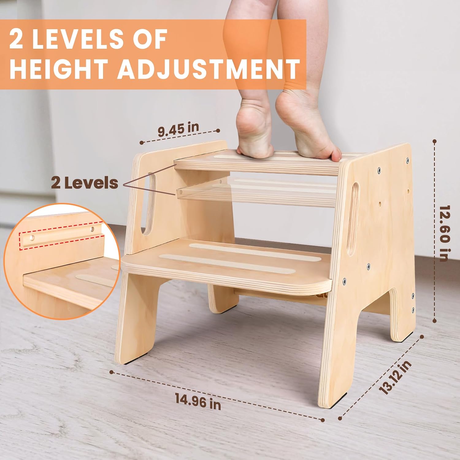 Thumbnail 2 de Woodure WD1357 Wooden Toddler Step Stool, 2 Steps, Adjustable Height