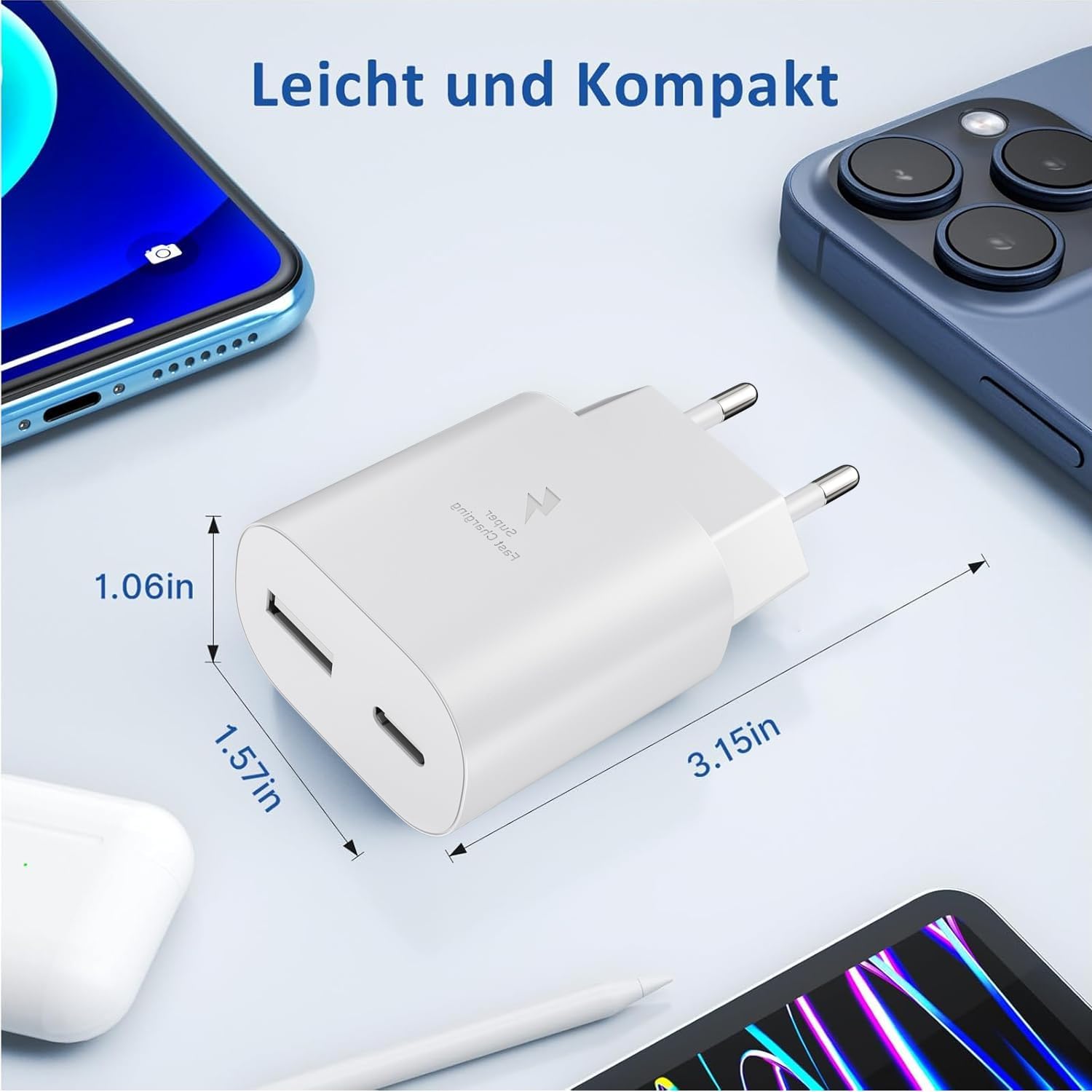Detalle de 2er Pack USB-C Ladegerät 25W mit 2 Ports – Schnellladen 1x USB-C 25W + 1x USB-A 15W, inkl. Kabel 2 m