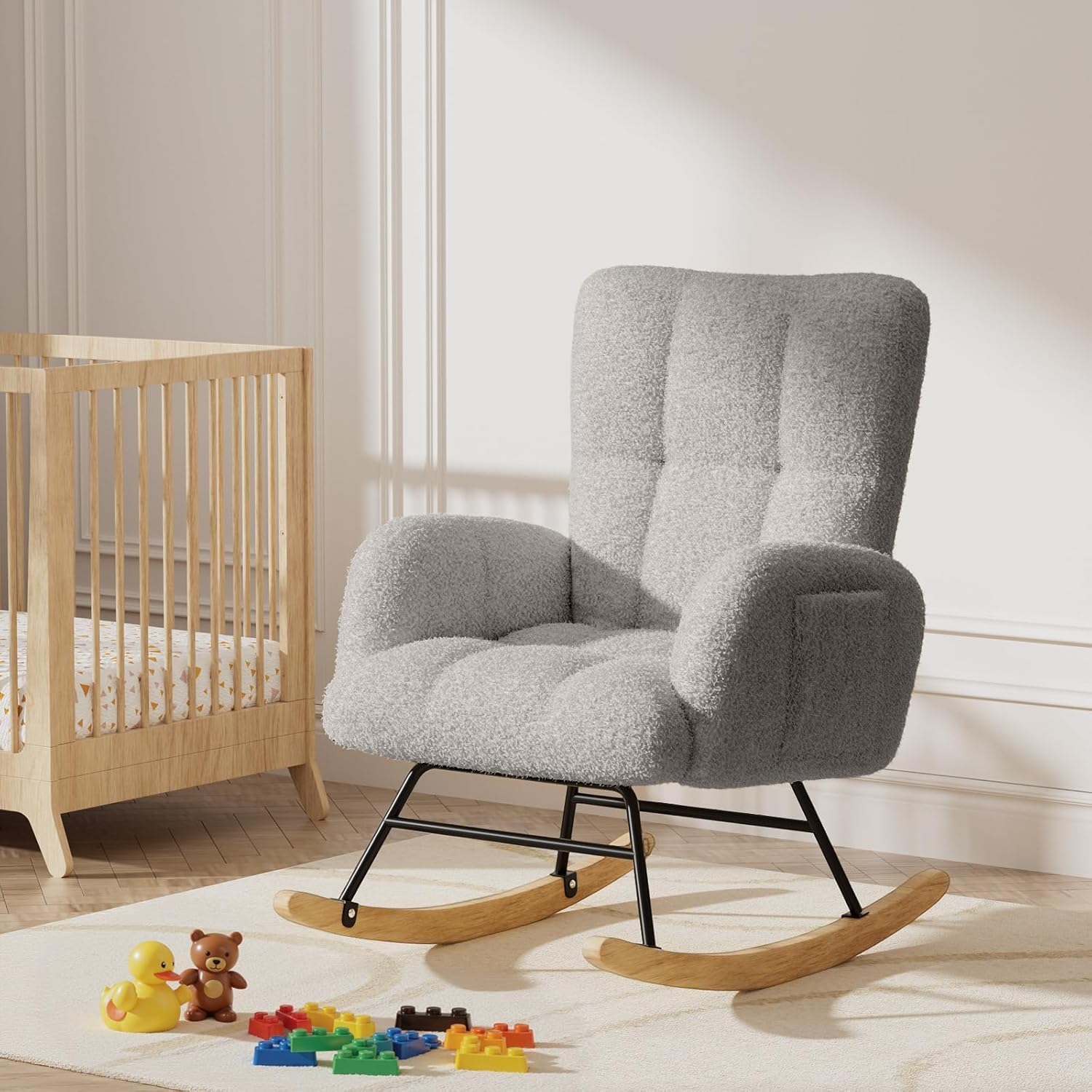 Detalle de LUCKLIFE DF-DYJ-H003-GY Rocking Chair, Velvet Upholstery and High Back