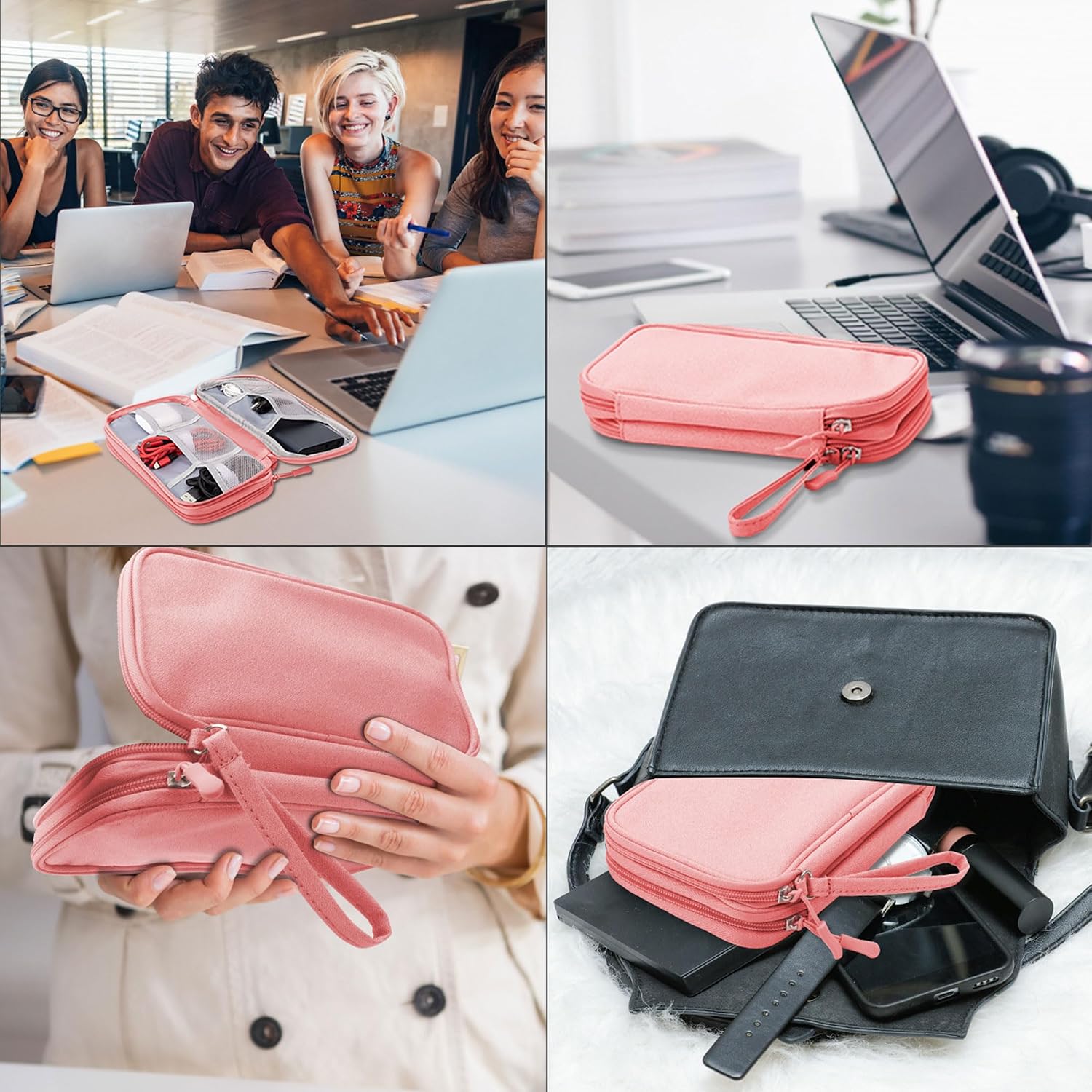 Thumbnail 5 de Arae Electronic Accessories Organizer Travel Essentials Cable Bag (Pink, M) with double-layer storage