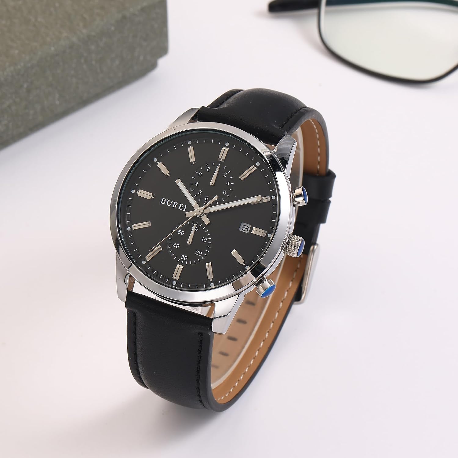 Thumbnail 1 de BUREI Herren Chronograph Uhr Blau Leder