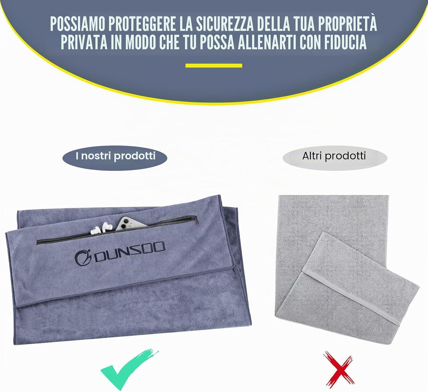 Detalle de Dunsoo Asciugamano Fitness I 120x50 cm: microfibra assorbente con tasca con zip per palestra