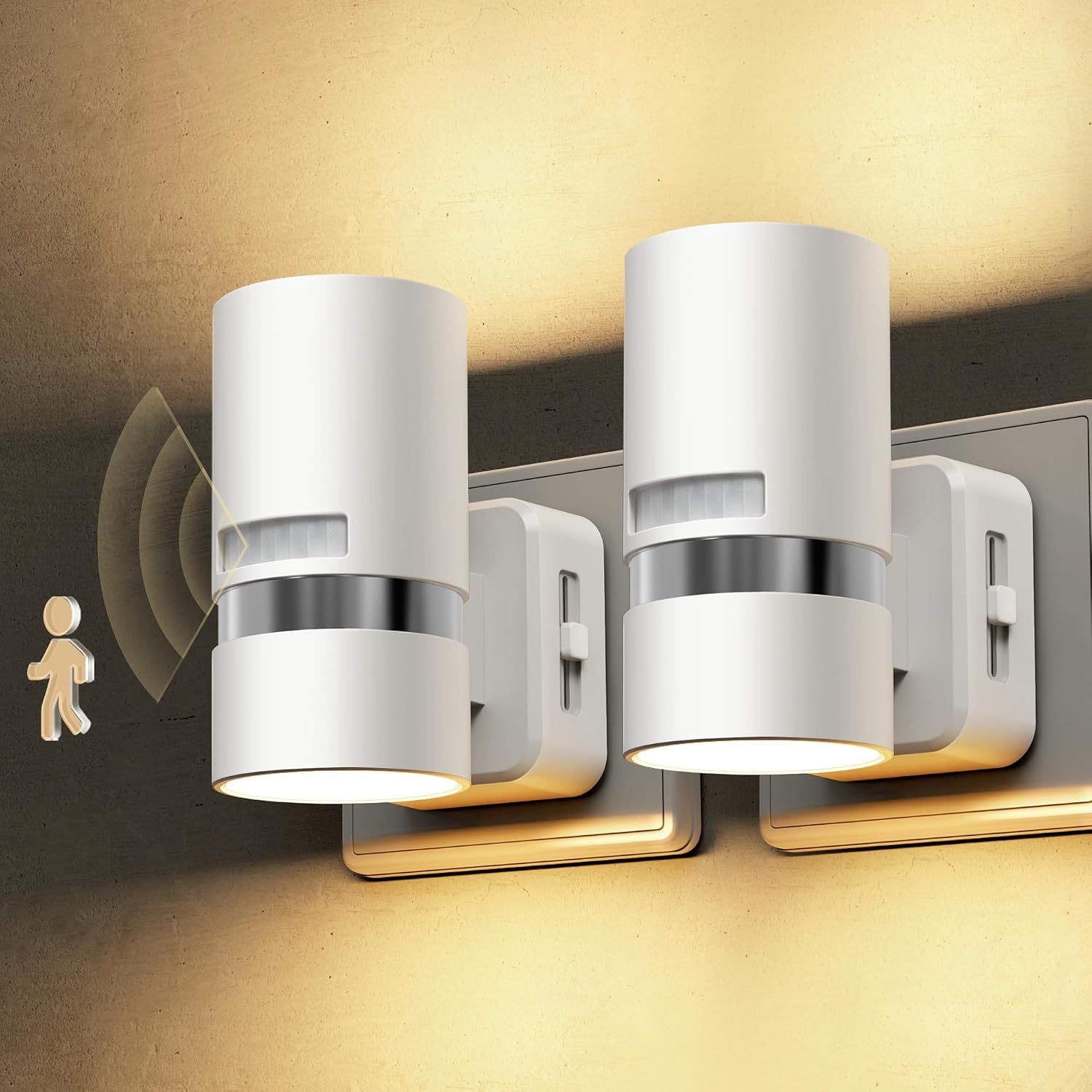 Detalle de LOHAS-LED Bewegungsmelder-Nachtlicht (2er-Set) mit 3 Modi: ON/AUTO/OFF, warmweiß 3000K, dimmbar für Steckdose