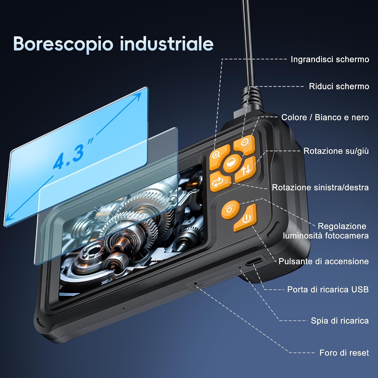 Detalle de Endoscopio Industriale da 15 m con schermo 4.3'' IP67 – Borescope HD 1080P