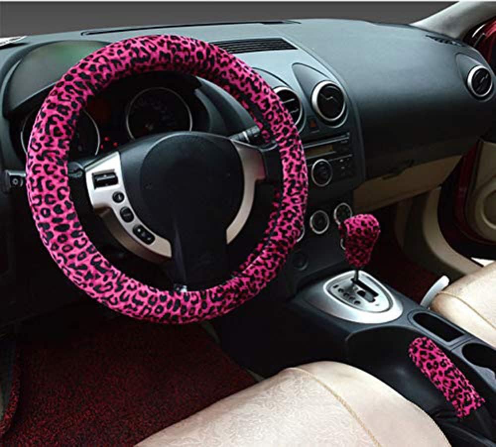 Detalle de 3 in 1 Soft Leopard Car Steering Wheel Cover, Handbrake Grip & Gear Shift Collar (Red, Standard) — Warm Winter Accessory