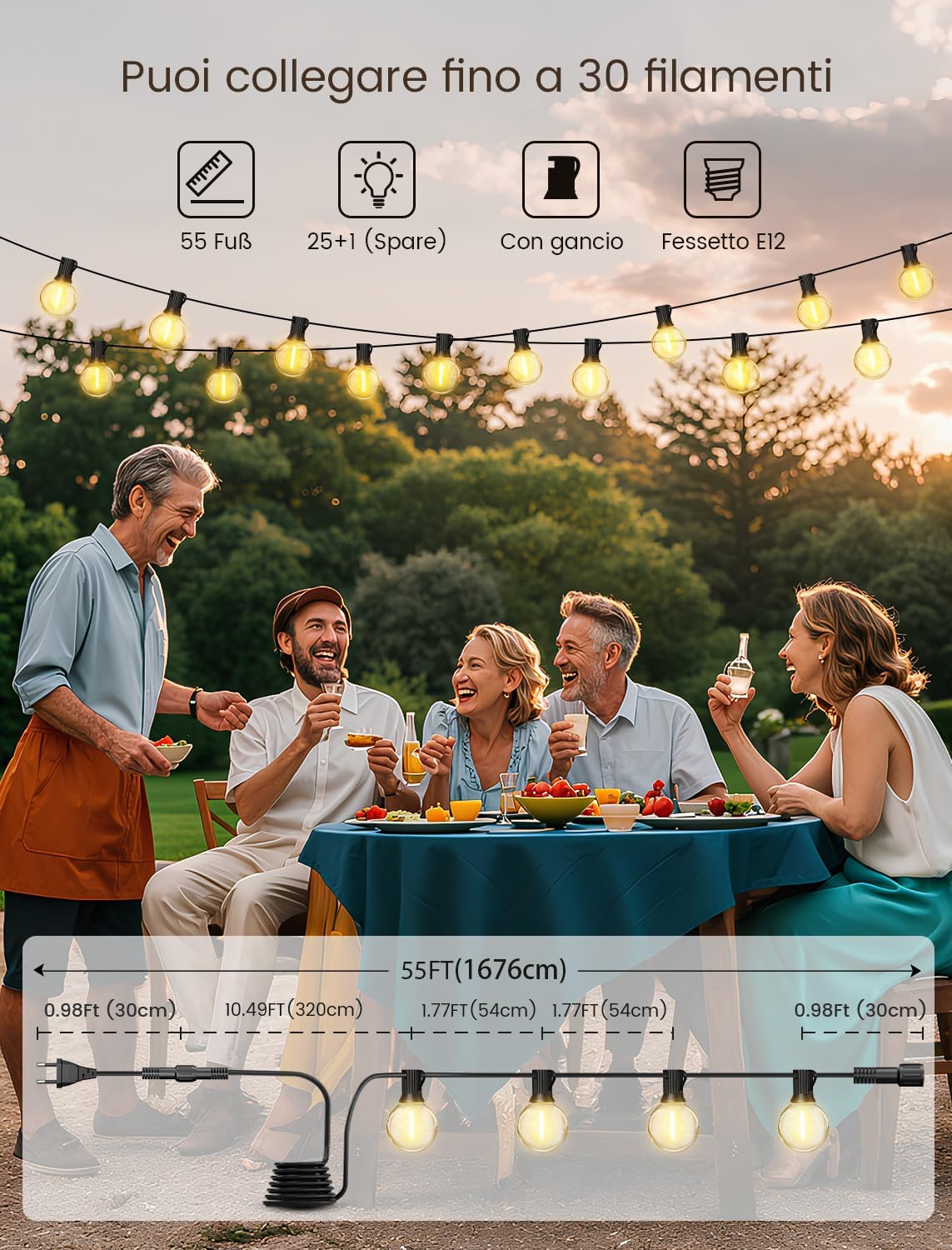 Thumbnail 1 de Torkase Catena luminosa da esterno 55 ft / 16,5 m con LED G40 e 25+1 luci