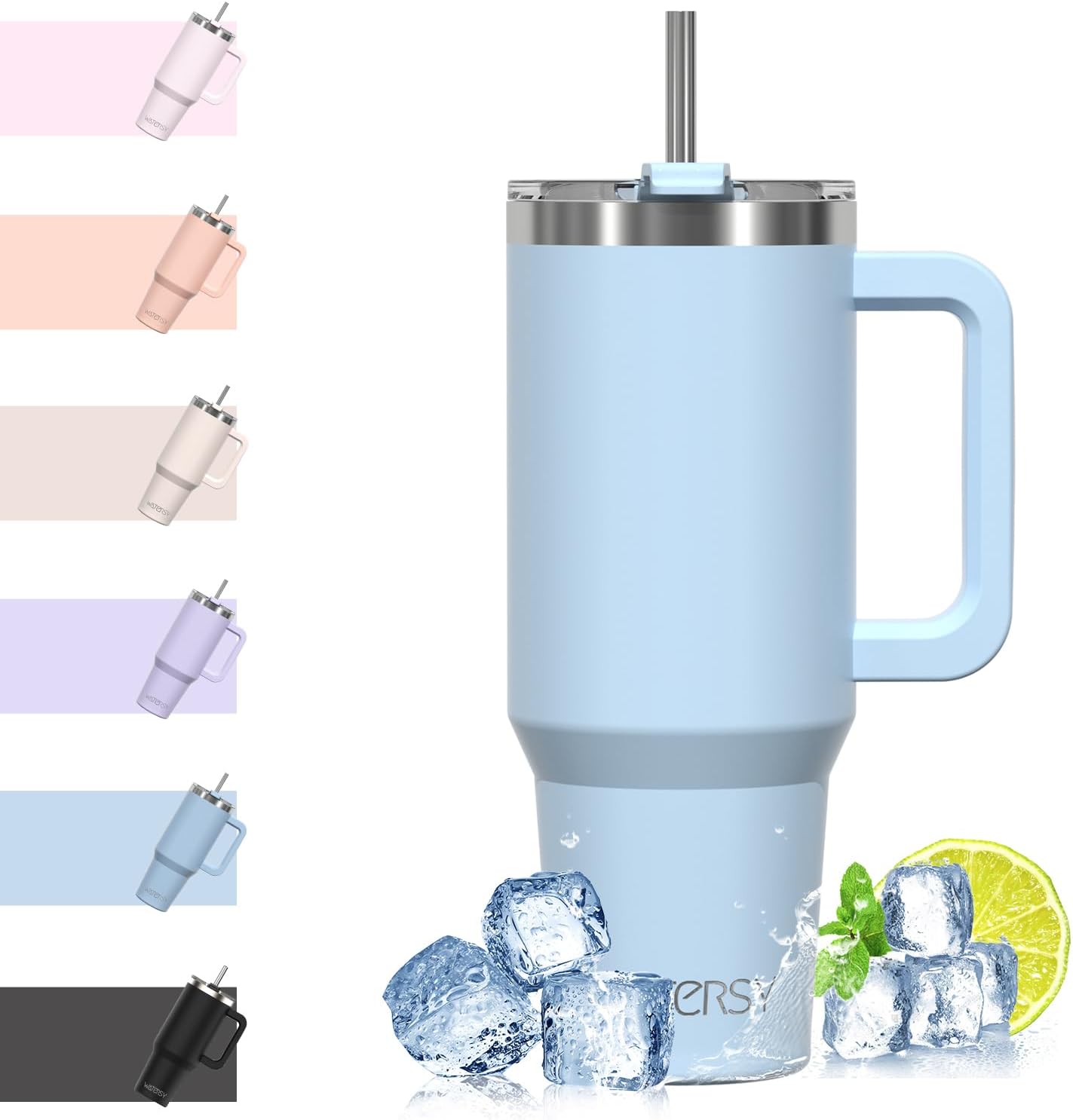 WATERSY Travel Mug Coffee Cup 40oz: Big Stainless Steel Tumbler with Straw Lid, Handle and Double-Wall Vacuum - 1182ml, Blue