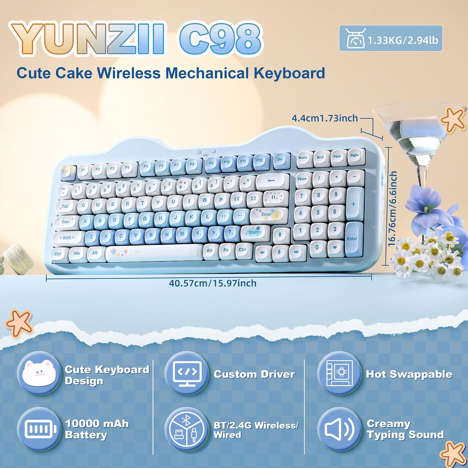 Thumbnail 1 de YUNZII C98 Wireless Mechanical Keyboard with 98 Keys: Creamy Cake Aesthetic Meets Practical 3‑Mode Connectivity