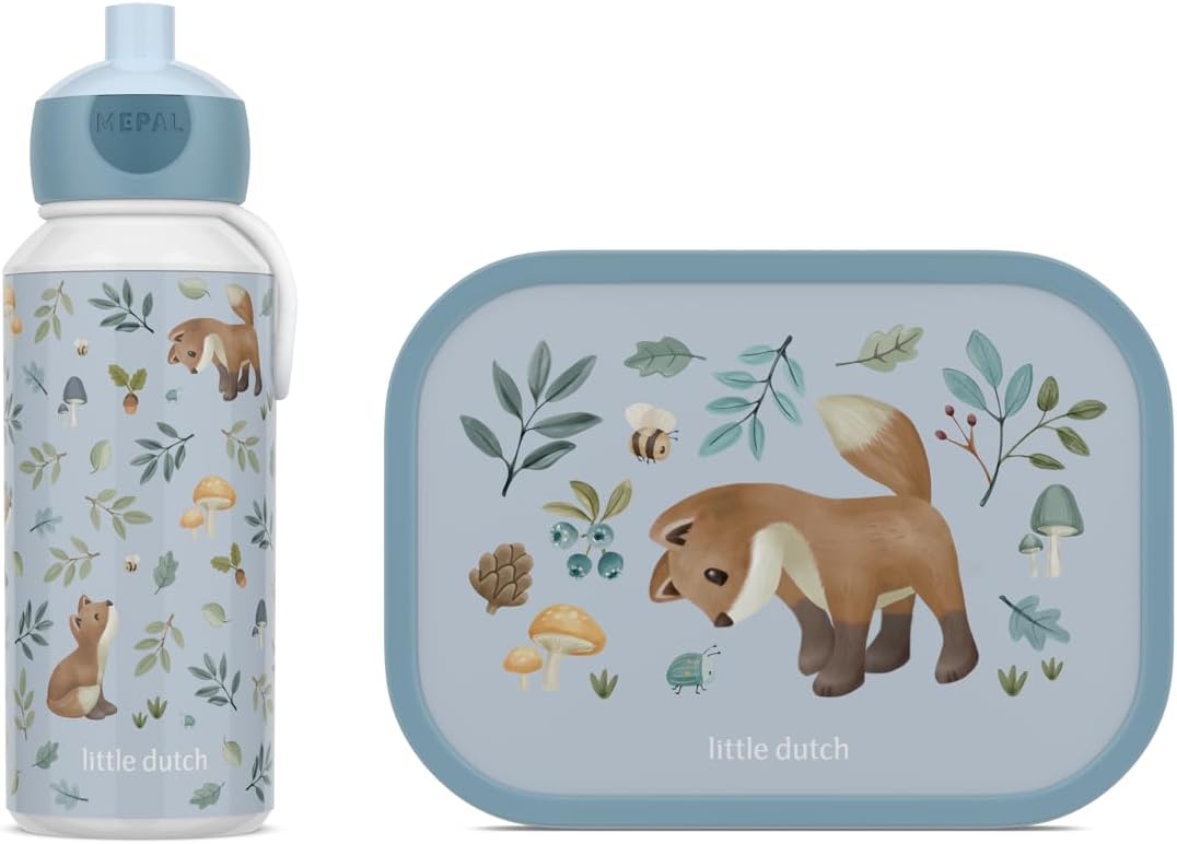 Detalle de Mepal Pausenset Campus Little Dutch – Pop-up Trinkflasche & Bento Lunchbox, Forest Friends, 400 ml + 750 ml