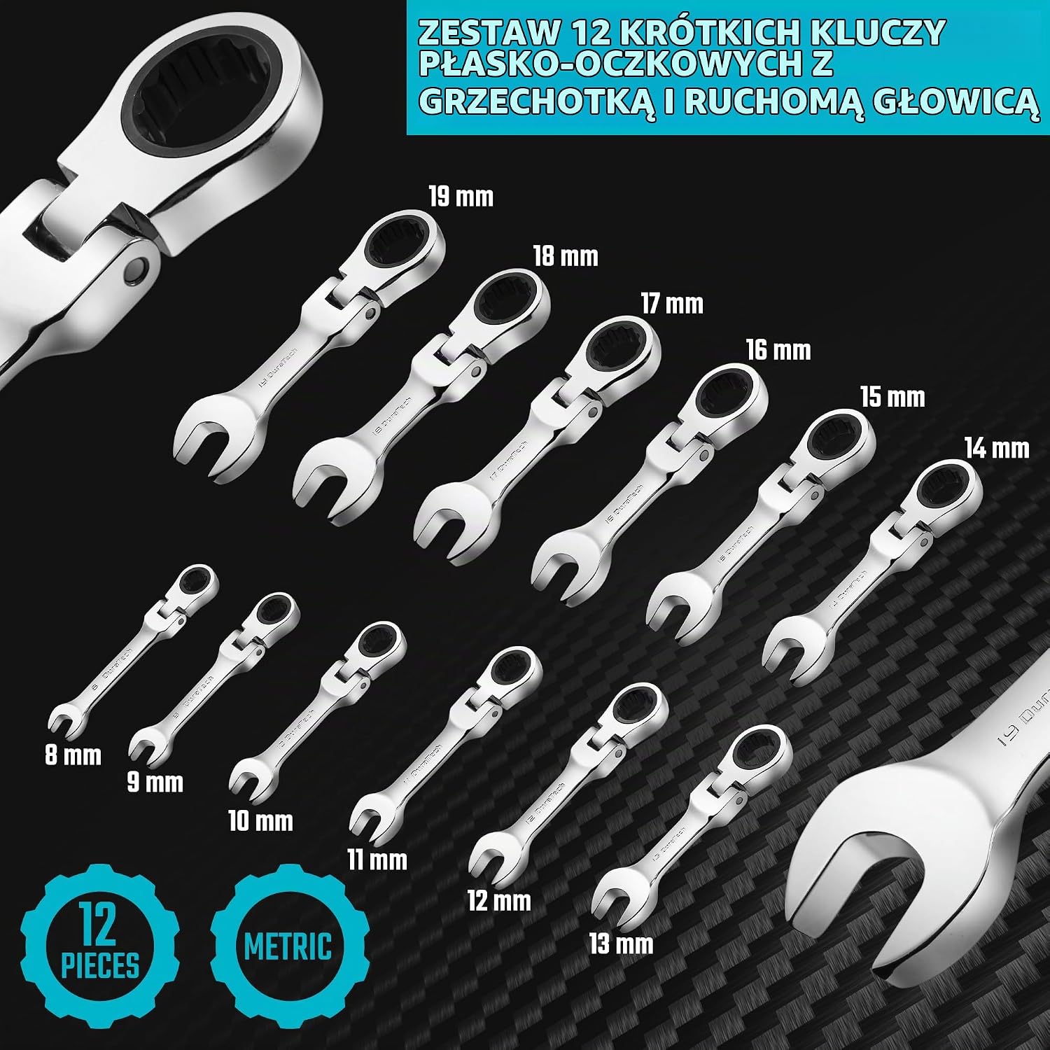 Detalle 2 de DURATECH DTSFRW012M – krótki zestaw kluczy płasko-oczkowych, 8–19 mm