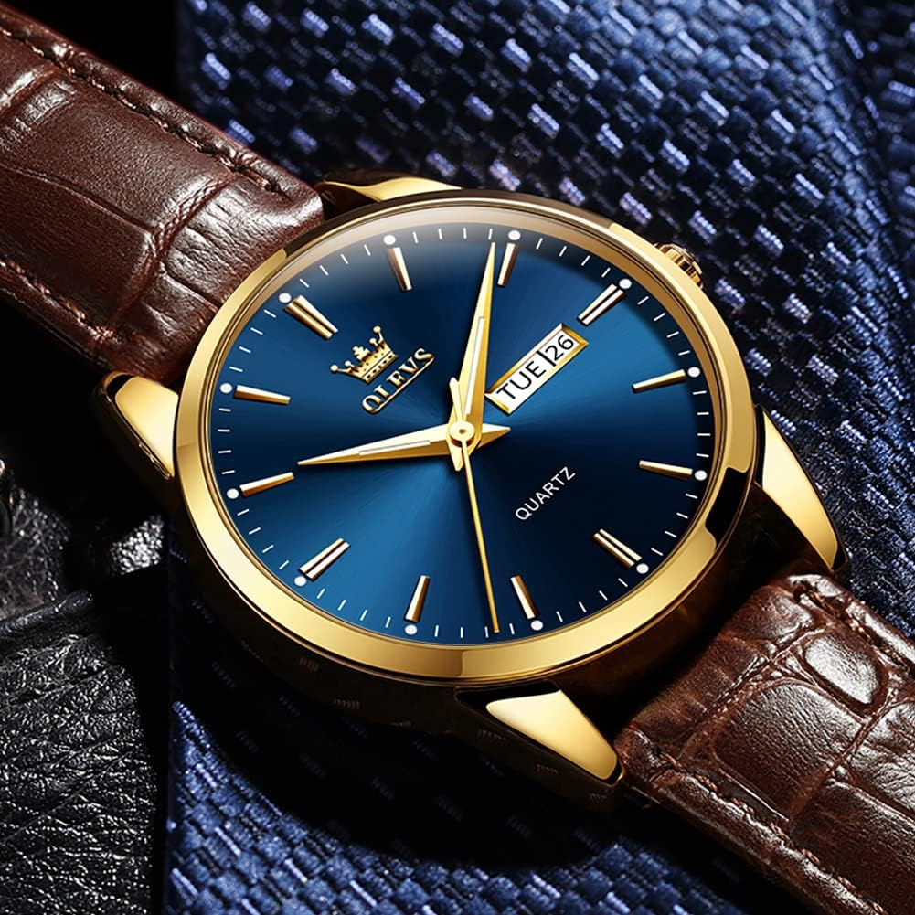 Detalle de OLEVS Herrenuhr mit braunem/ schwarzem Lederarmband – Quarz, Datum & Wochentag, Leuchtzeiger, 30 m wasserdicht