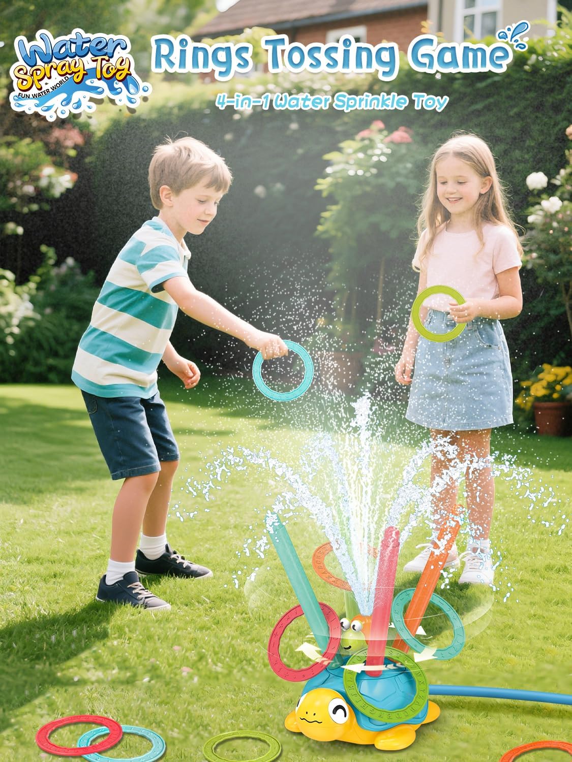 Detalle 2 de 3 in 1 Kids Toys Turtle Sprinkler Set with Musical Jump & Ring Toss Rocket Launcher (Ages 3–12)