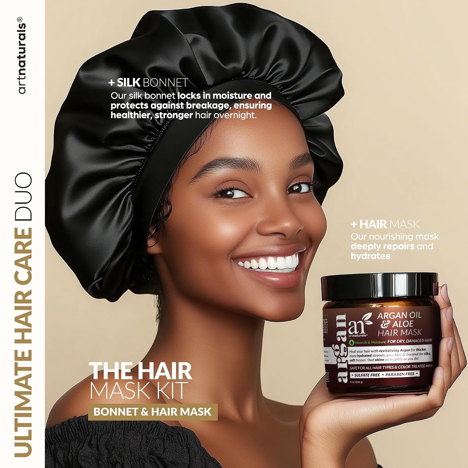 Detalle de ArtNaturals 2-Step Deep Repair Hair Mask with Silk Sleep Bonnet – Intensive Treatment for Damaged, Dry & Color-Treated Hair