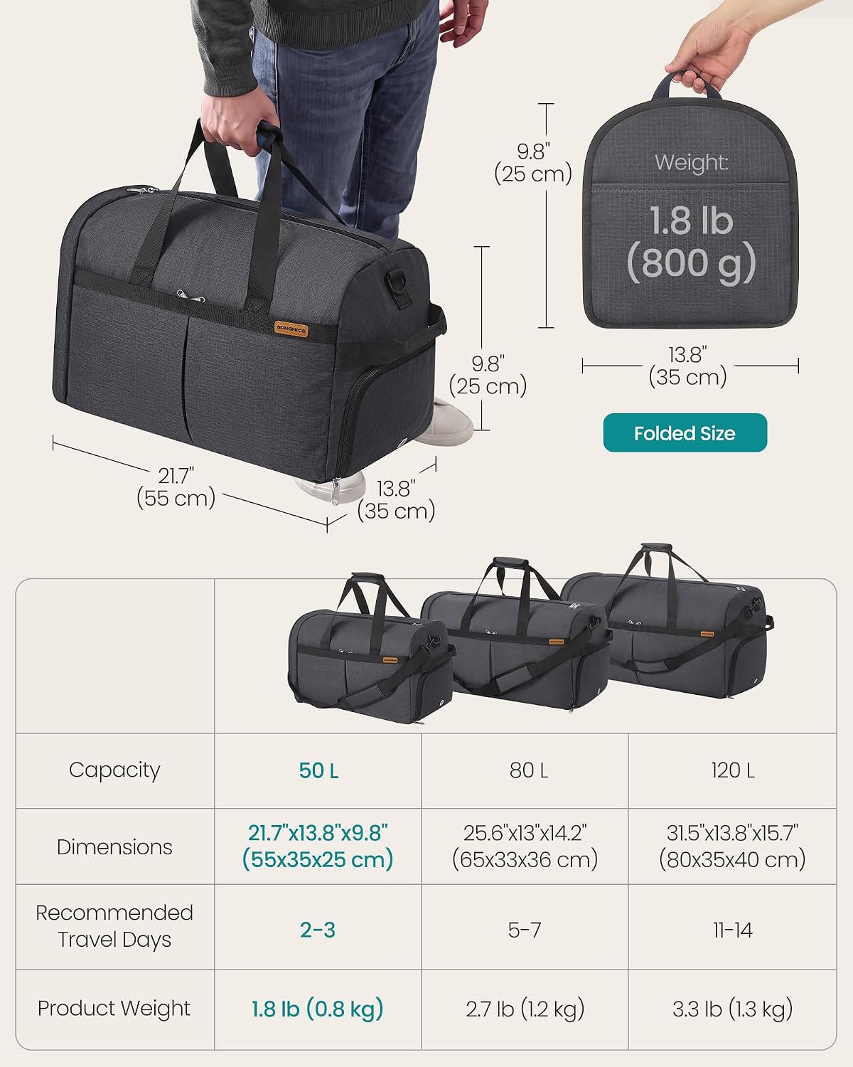 Detalle de SONGMICS RBF050G101 50 L Foldable Travel Bag with Shoe and Wet Pockets