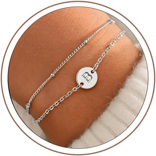 Detalle de TINGN Buchstaben-Armband für Damen in Silber/Gold mit Monogramm-Scheiben – 18K Weißgold/vergoldet, 2-in-1 mit Verlängerungskette