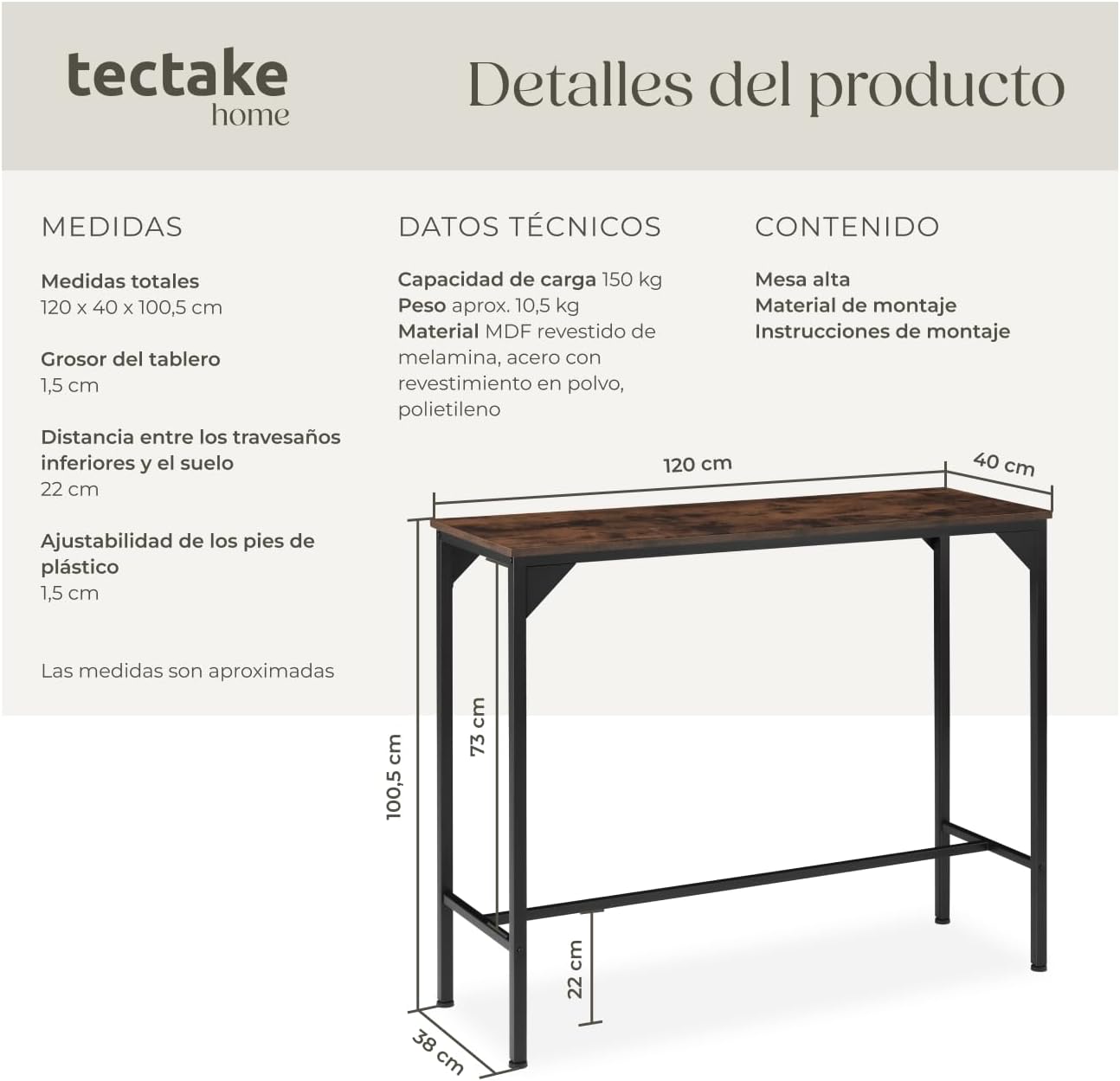 Thumbnail 5 de tectake® Mesa Comedor Industrial 120x40 cm