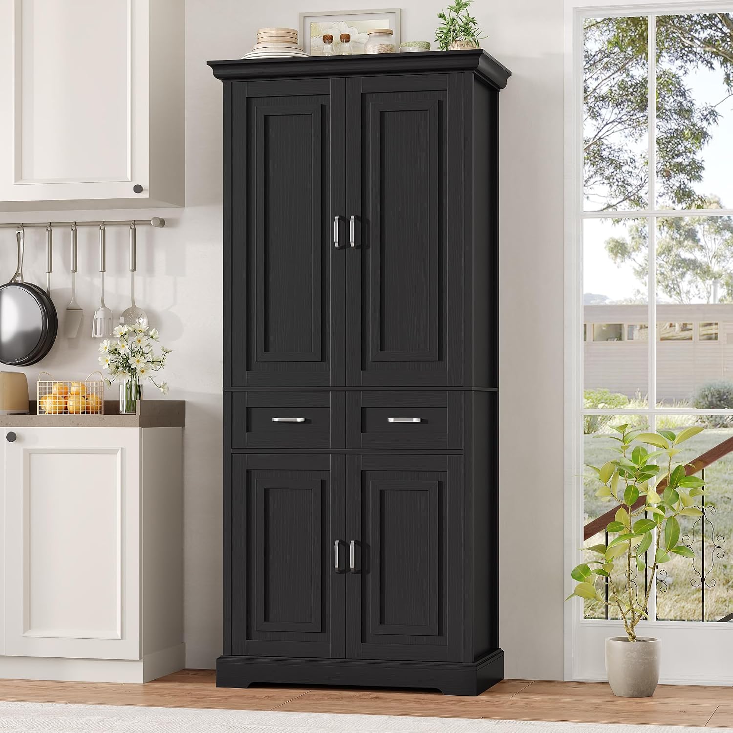 Detalle 2 de FirFurd P470 Tall Kitchen Cupboard, 4 Doors, 2 Drawers, Black