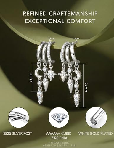 Detalle de CASSIECA Sterling Silver Dangle Earrings for Women – Triple Hoops with Cubic Zirconia