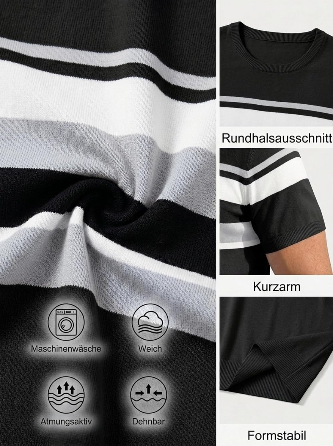Detalle de Aulemen Herren Strick Kurzarm T‑Shirt mit Streifen – Regular Fit, knitterarm und pflegeleicht