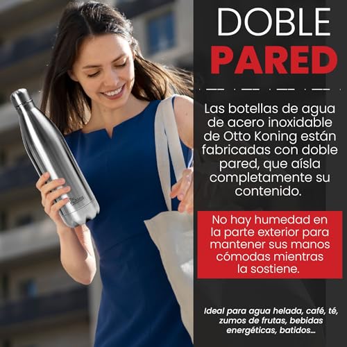 Detalle de Botella de Agua de Acero Inoxidable 1 L Otto Koning: Doble Aislamiento, Sin BPA y a Prueba de Fugas