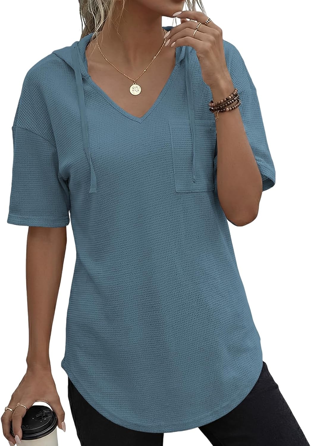 Thumbnail 2 de Cuptacc Pullover Damen Hoodie Langarm V-Ausschnitt – Kapuzenpullover, Einfarbig, Drawstring