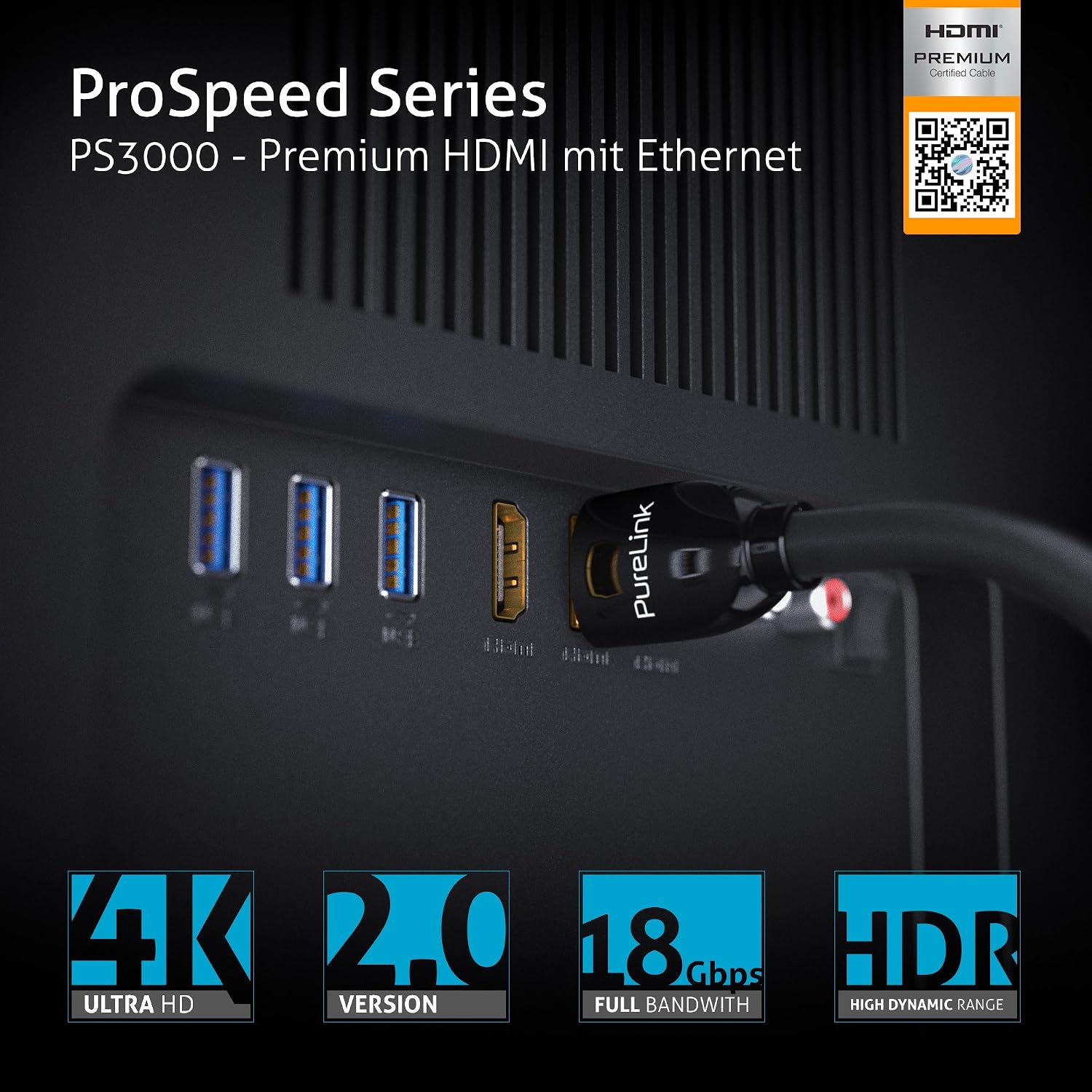 Detalle de PureLink PS3000-040 – kabel HDMI 4 m, 4K 60 Hz, HDR i Secure-Lock