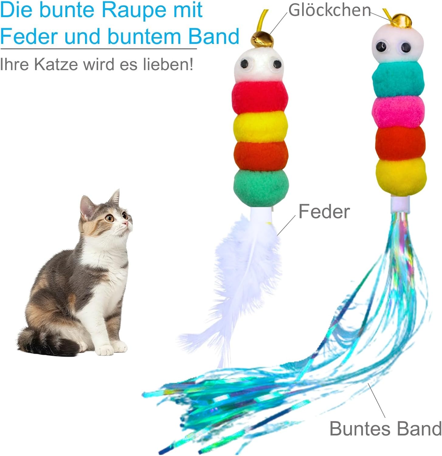 Detalle 2 de EASERIA 4 Stück Katzenspielzeug: Quietschmäuse, bunte Raupen & Schleifenbänder für Türrahmen