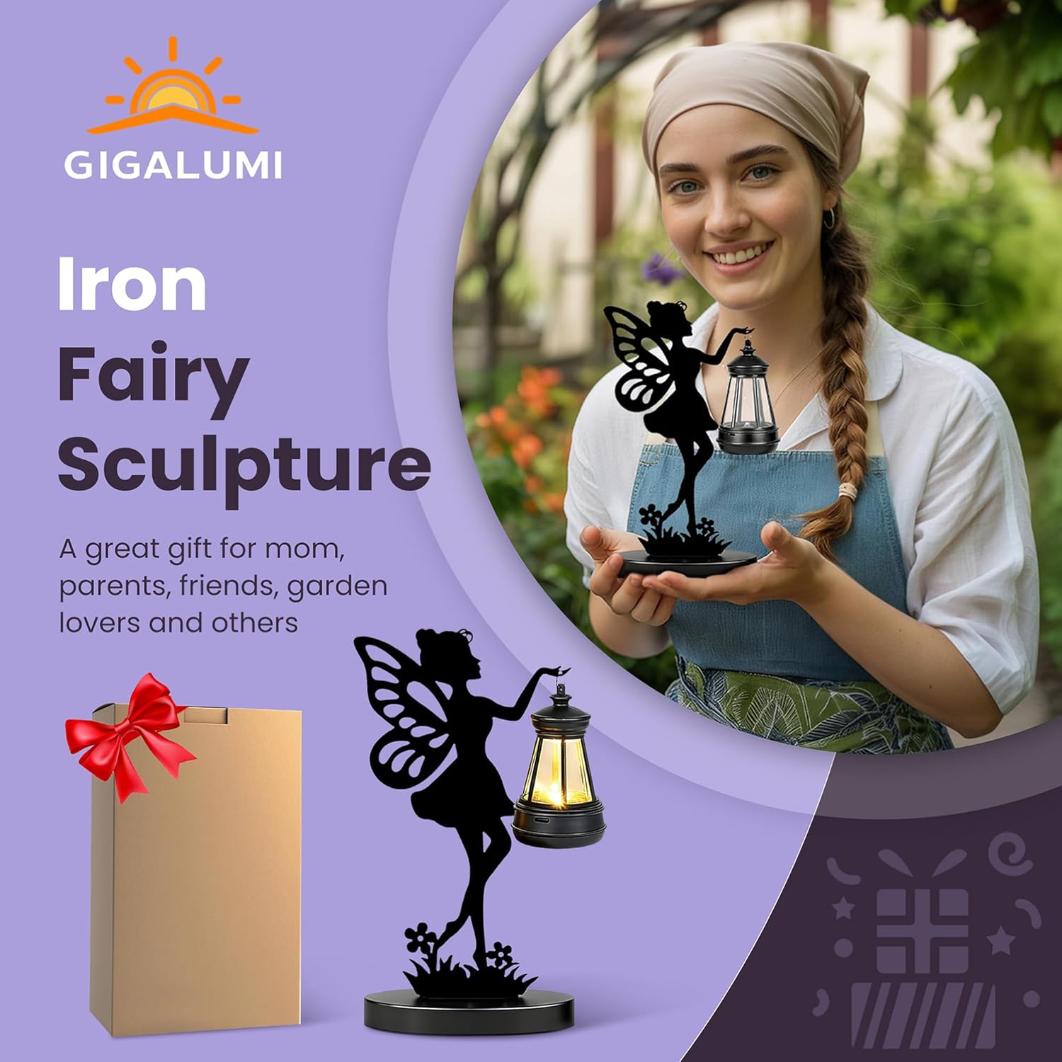 Detalle 2 de GIGALUMI Iron Fairy Statue Garden Ornaments with Solar Lights (2 Pack) – Waterproof Outdoor Lantern Statues
