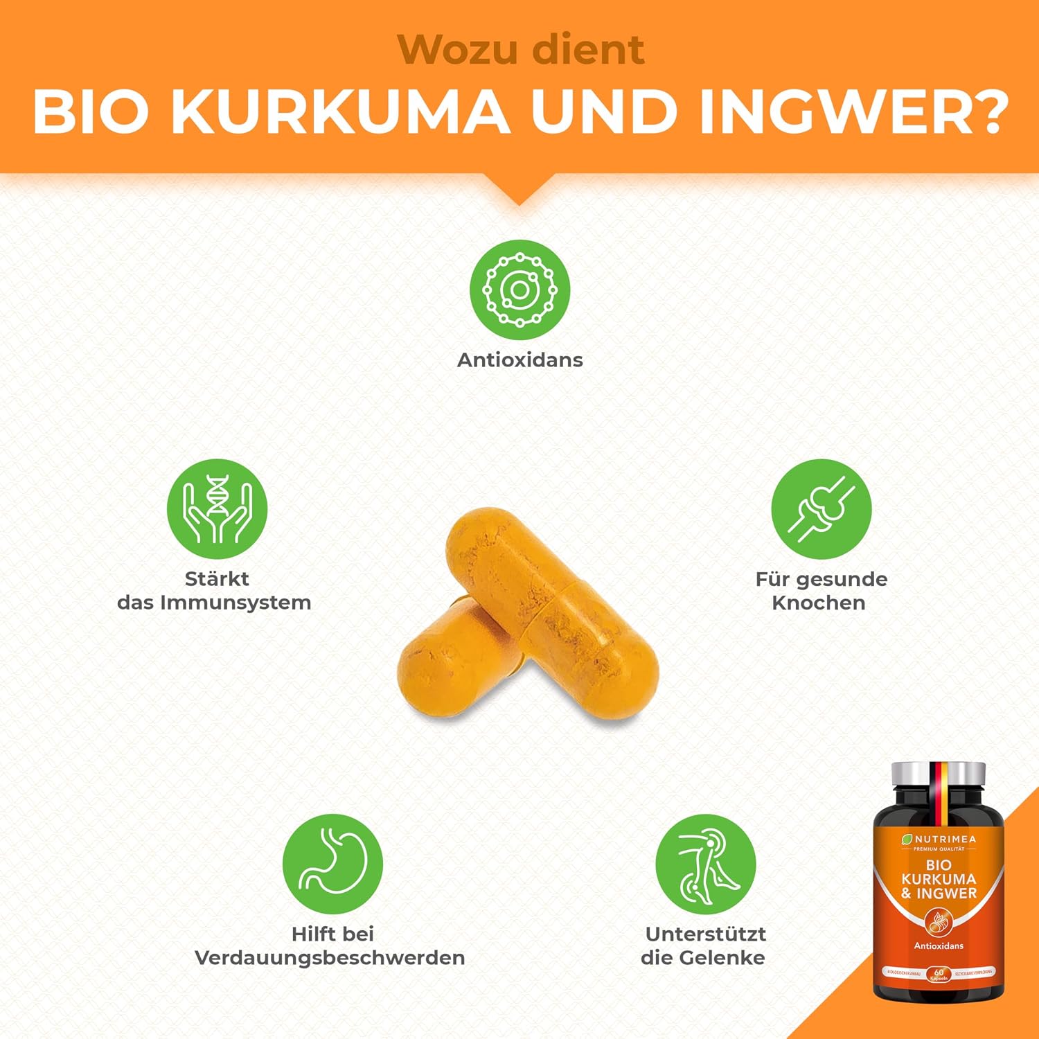 Detalle de Kurkuma Bio Komplex von Nutrimea – 153 mg Curcuminoide (95%), hochdosiert, vegan mit Ingwer, 60 Kapseln