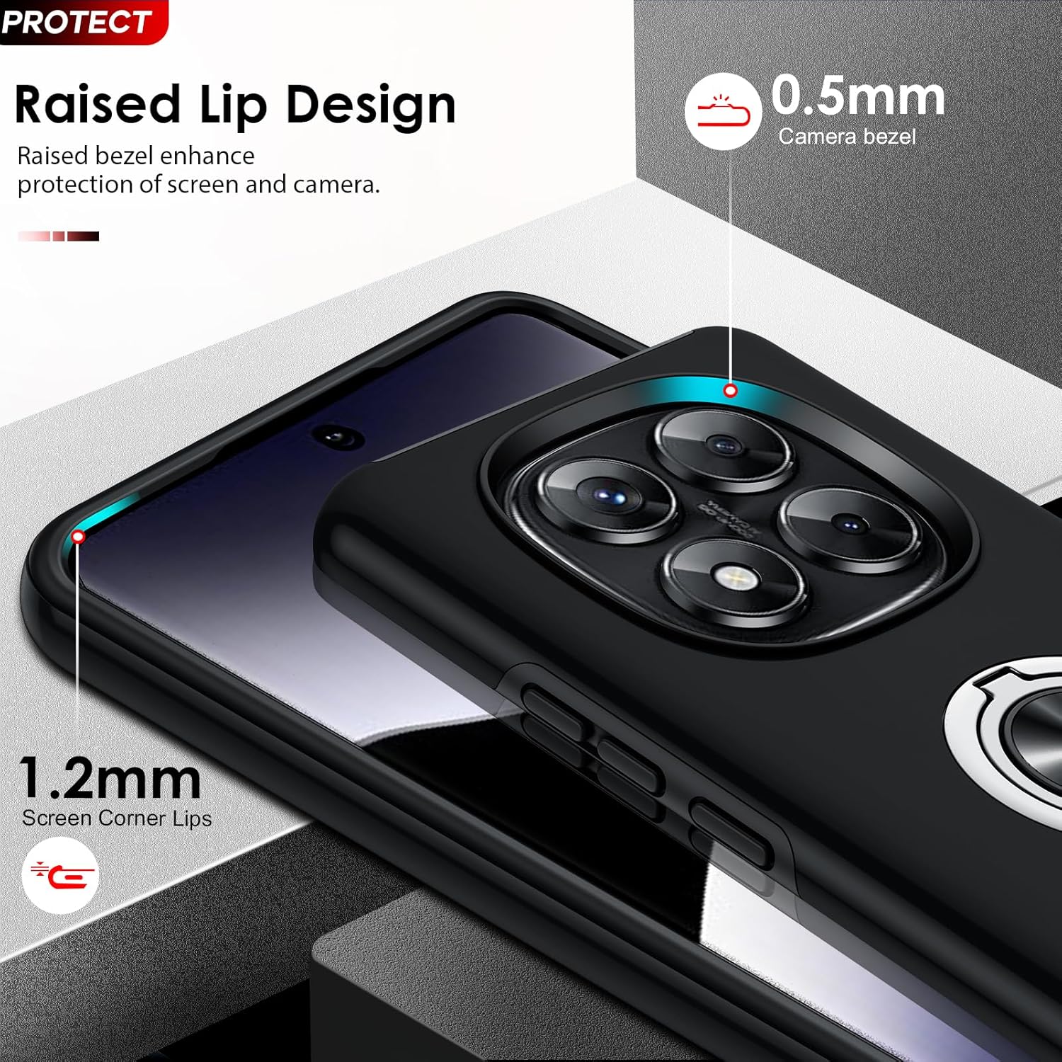 Detalle de LeYi Coque pour Xiaomi Redmi Note 14 Pro 5G / 4G + Note 14 Pro Plus 5G – Étui TPU avec Anneau Invisible, Protection Antichoc et Finition Noire