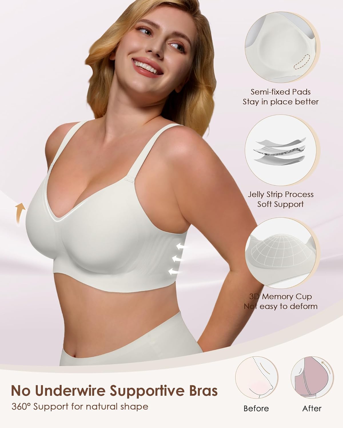 Detalle 2 de As Fairy Women’s Wire-Free V-Neck Seamless Push Up Bralette (Full Coverage, No Underwire)