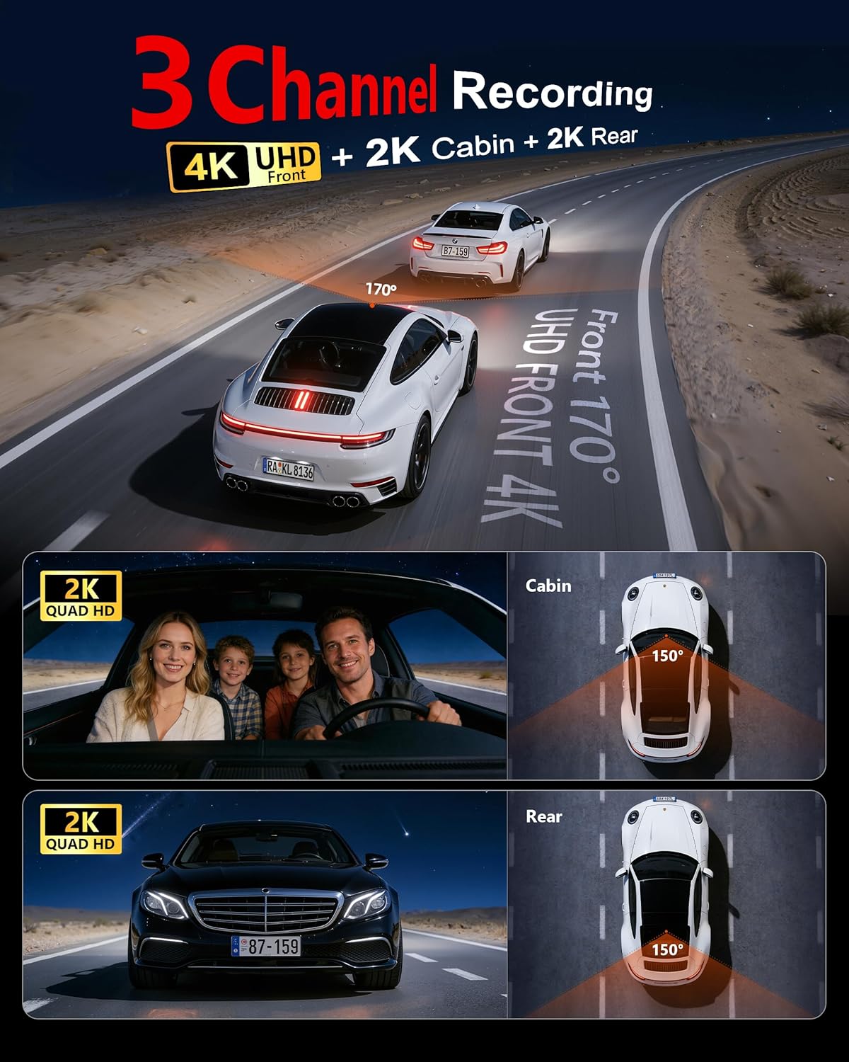 Thumbnail 2 de FAIMEE 4K+2K+2K 3-Channel Dash Cam (Front + Inside + Rear) with 128GB Card, Dual Wi‑Fi, GPS, Night Vision