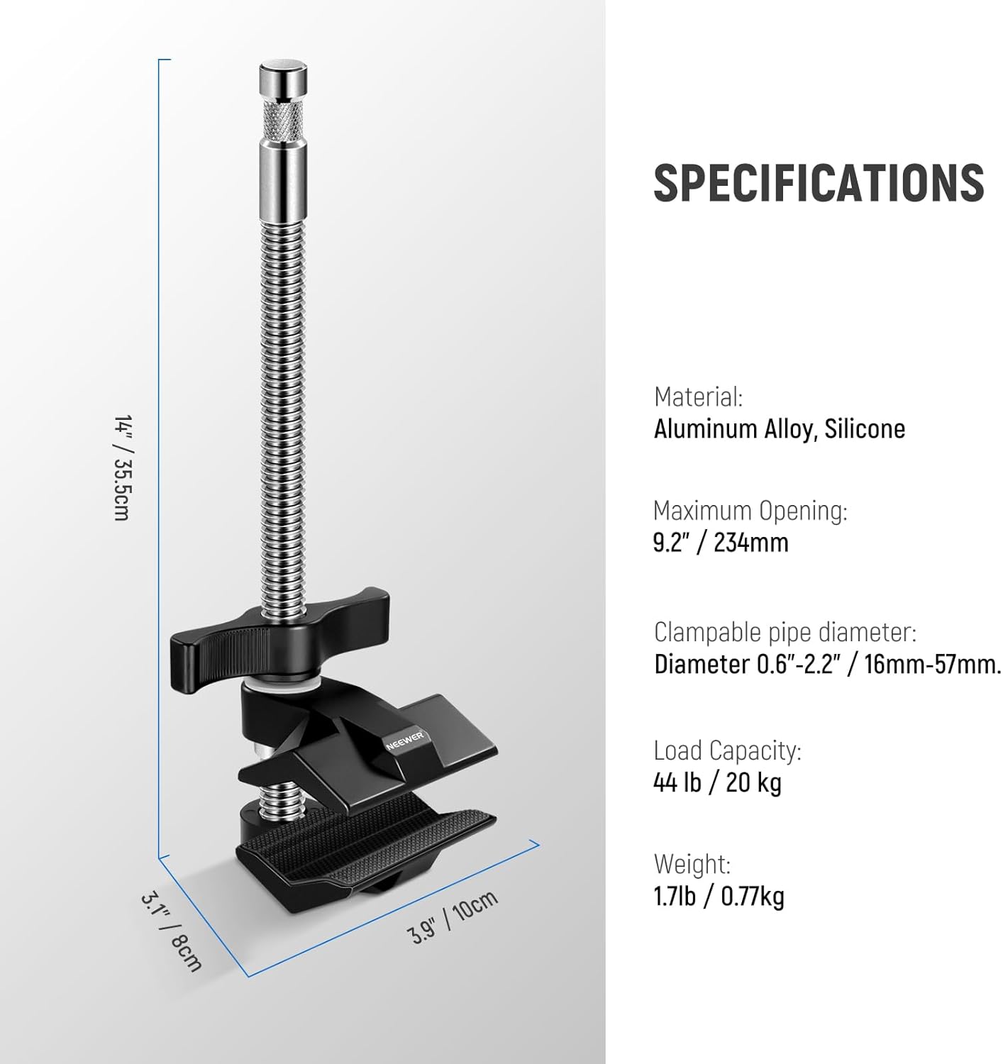 Thumbnail 6 de NEEWER UA041 – Griffe d’étau 9" en acier avec goujon 5/8" et mâchoire alu réglable