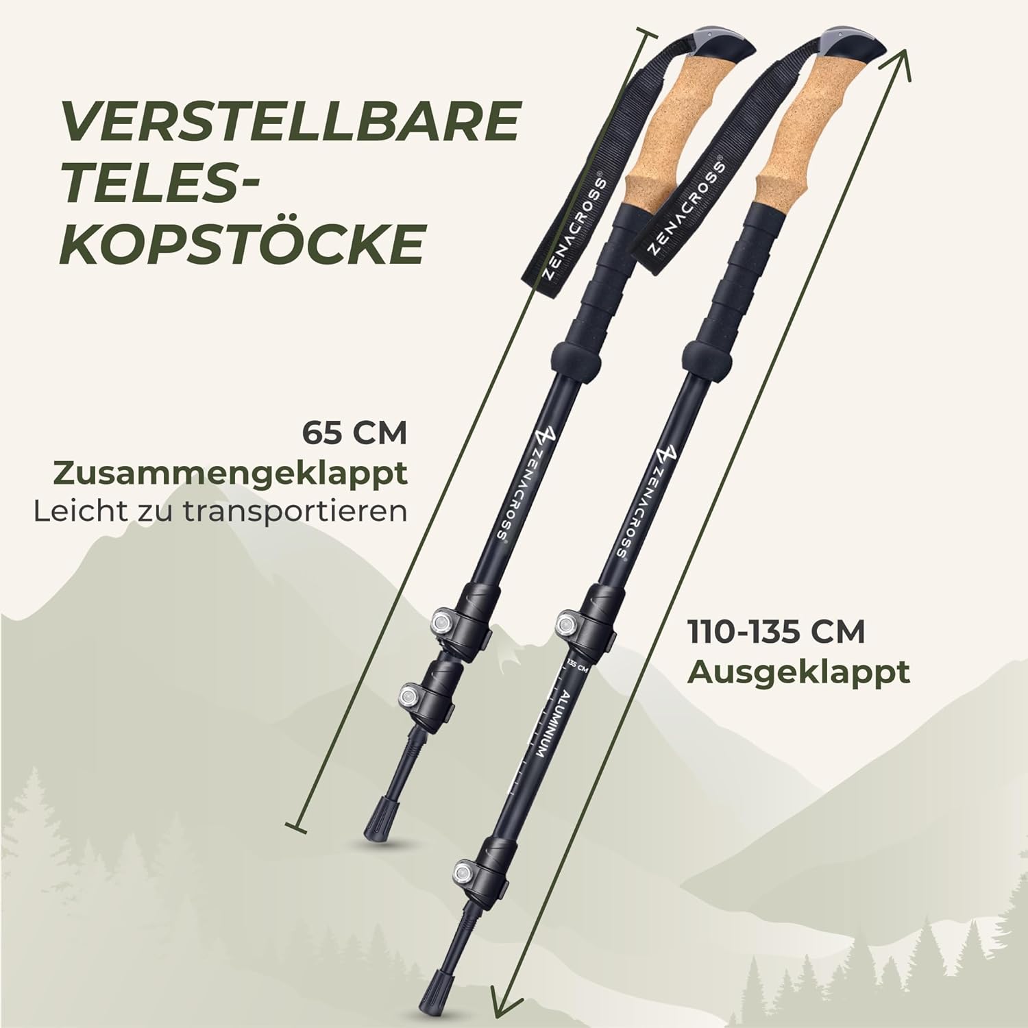 Thumbnail 2 de Zenacross Wanderstöcke Teleskop – Nordic Walking Stöcke, ultraleicht, Korkgriff, verstellbar 65–135 cm