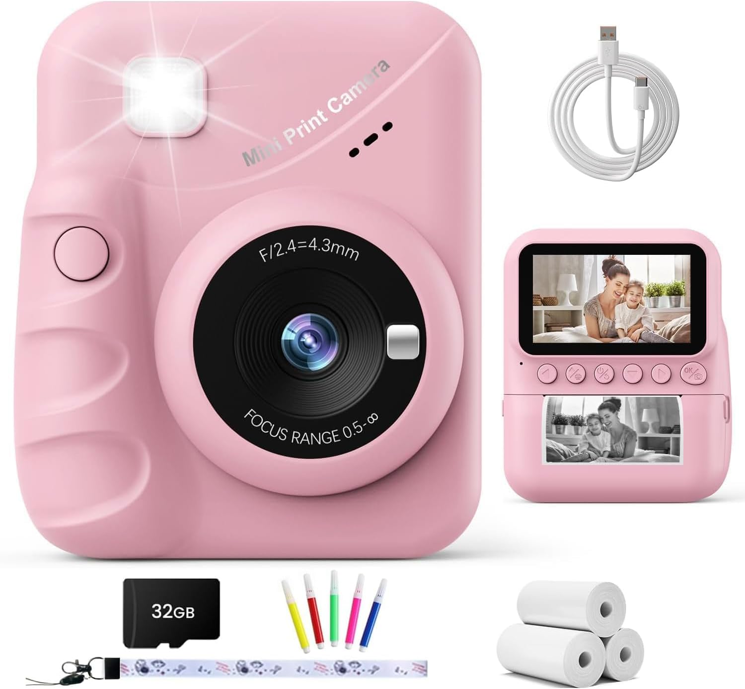 TIATUA Macchina Fotografica Bambini Istantanea 3.0" | 32GB + 3 Rotoli di Carta - Rosa