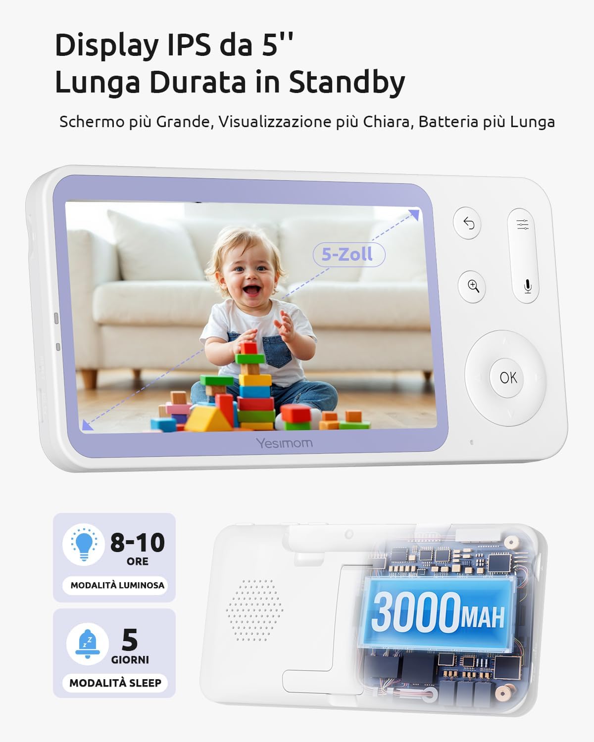Thumbnail 6 de YESIMOM 2K Baby Monitor Video e Audio: Telecamera con PTZ 360°, App & 5" Monitor