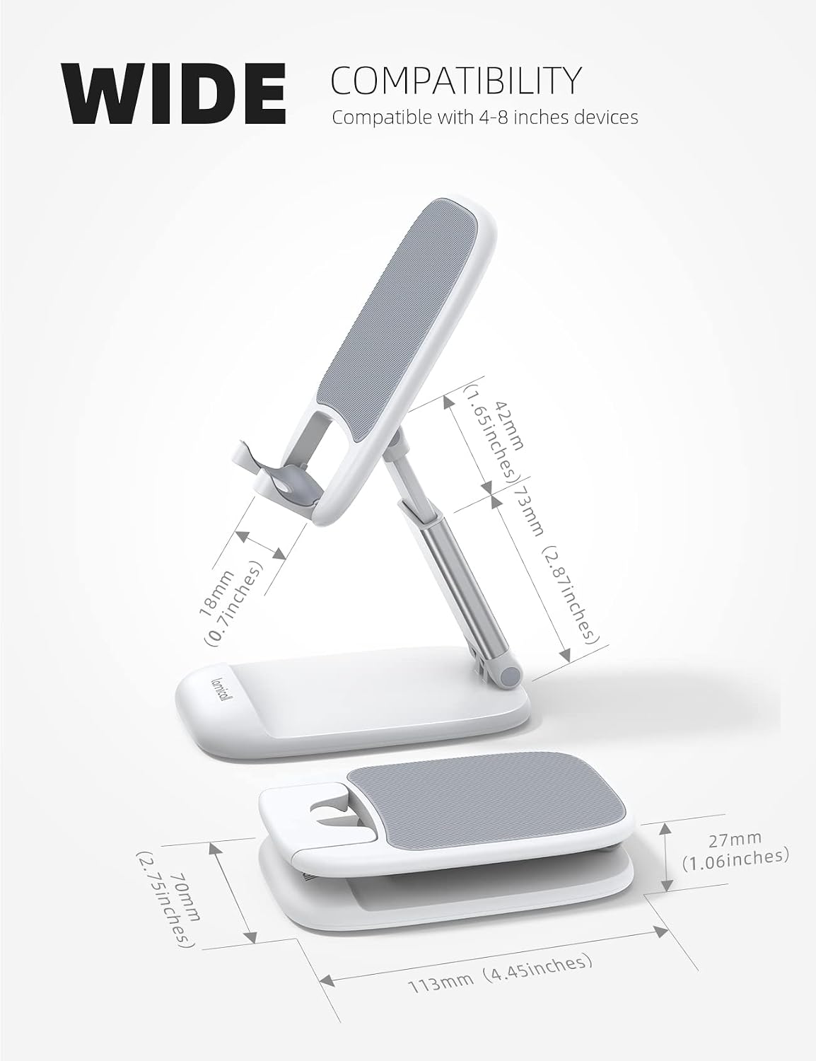 Detalle 1 de Lamicall DP13-EU-W Adjustable Phone Stand, Foldable, White with Metal Base