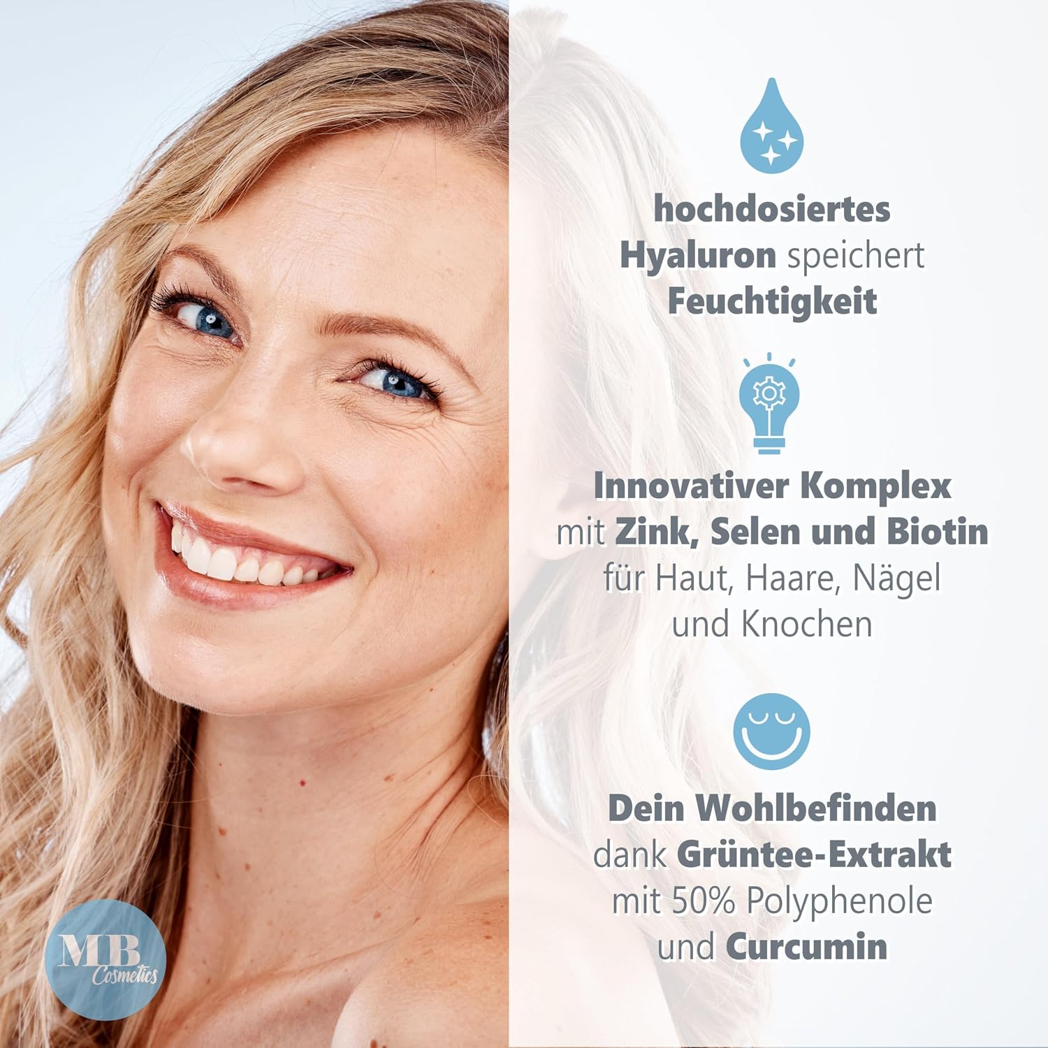 Detalle 2 de 180 Hyaluronsäure Kapseln hochdosiert mit Zink, Curcumin & Grüntee-Extrakt – vegan, ohne Zusätze, Made in Germany