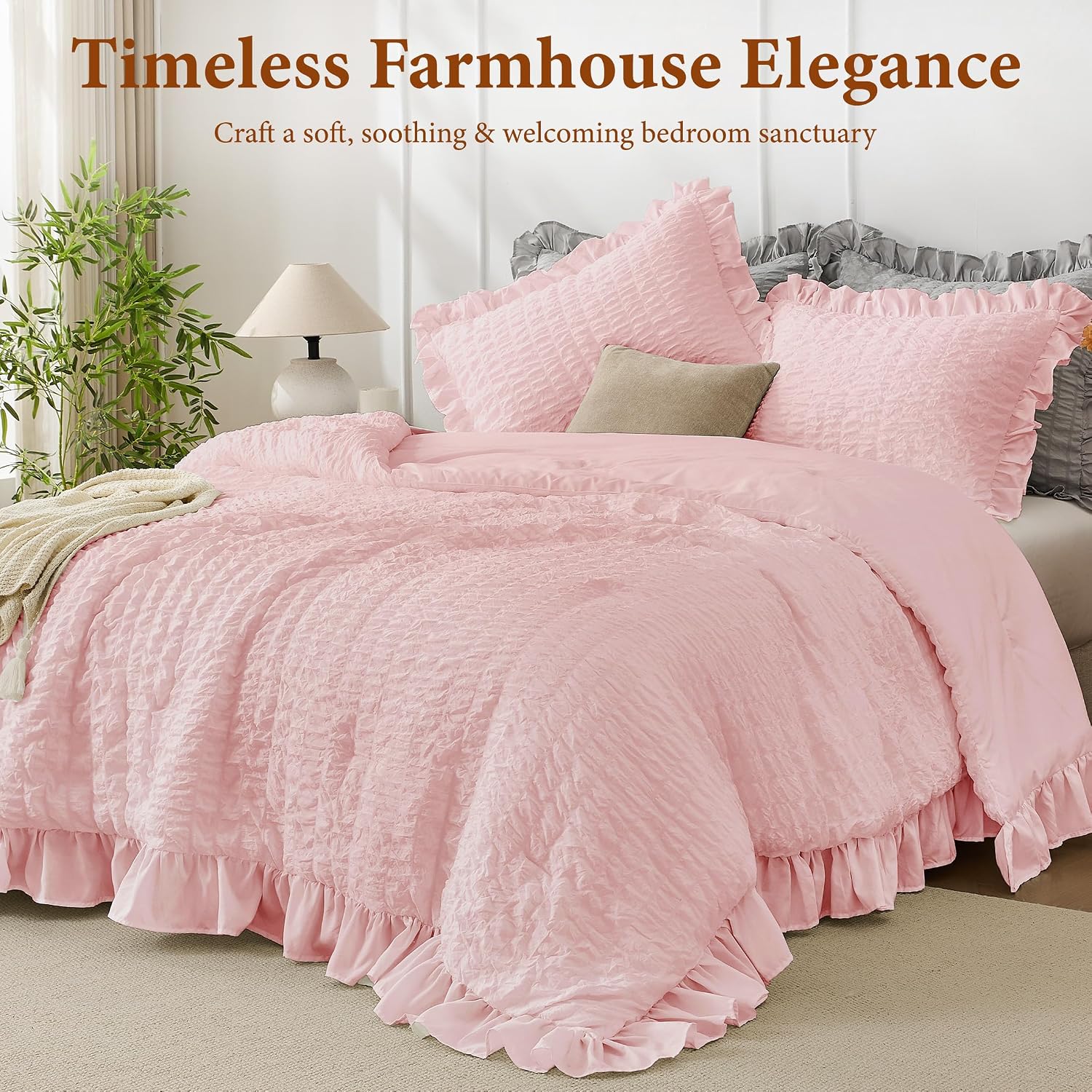 Detalle de JOLLYVOGUE Pink Seersucker Queen Comforter Set, 3 Pieces – Lightweight All-Season With Ruffle Details