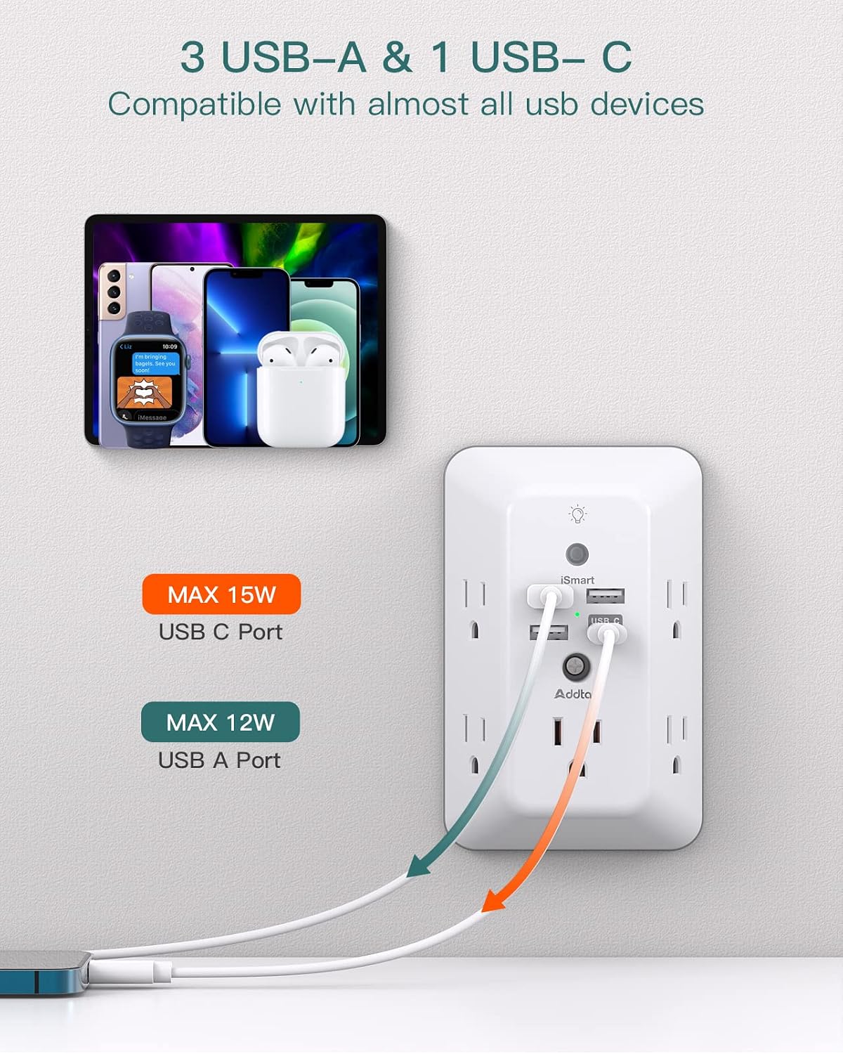 Thumbnail 5 de Addtam Surge Protector 9-in-1 with Night Light 5-Outlet USB